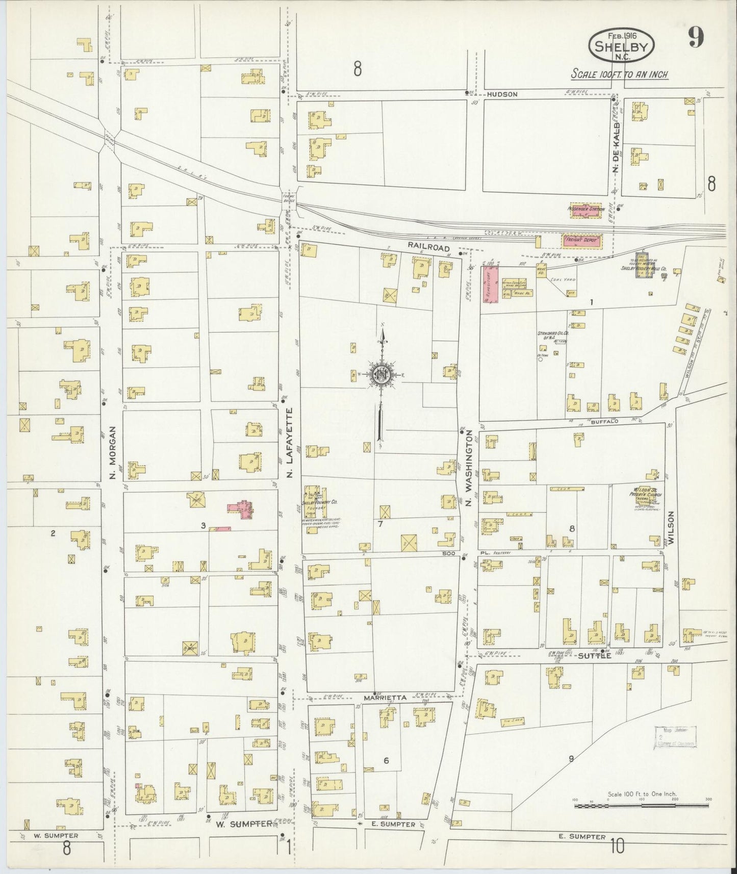 Sanborn Fire Insurance Map from Shelby, Cleveland County, North Carolina (1916), Sheet #0009 - Complete Map Set gallery image, historic Sanborn map, vintage wall art, North Carolina North Carolina