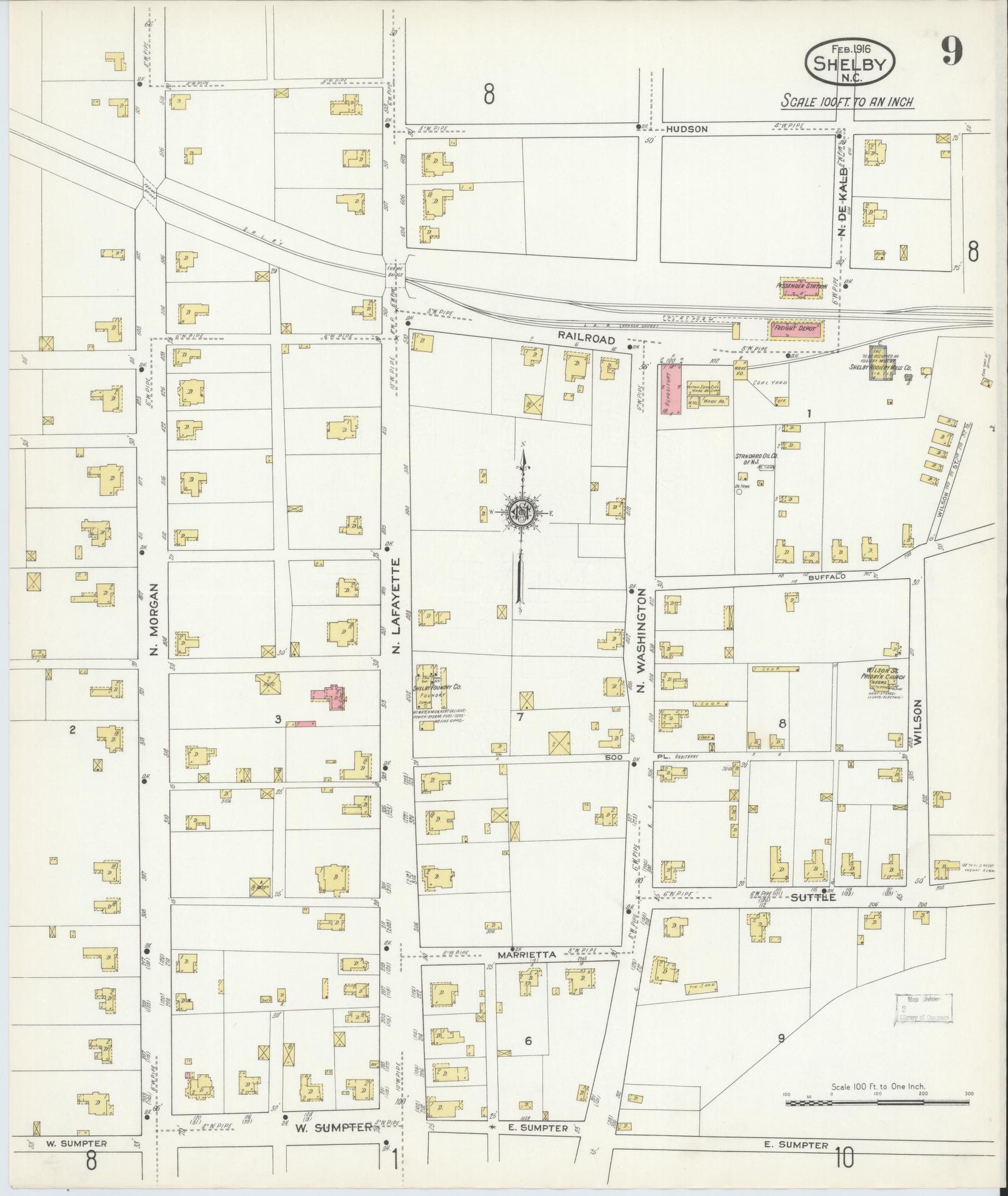 Sanborn Fire Insurance Map from Shelby, Cleveland County, North Carolina (1916), Sheet #0009 - Complete Map Set gallery image, historic Sanborn map, vintage wall art, North Carolina North Carolina