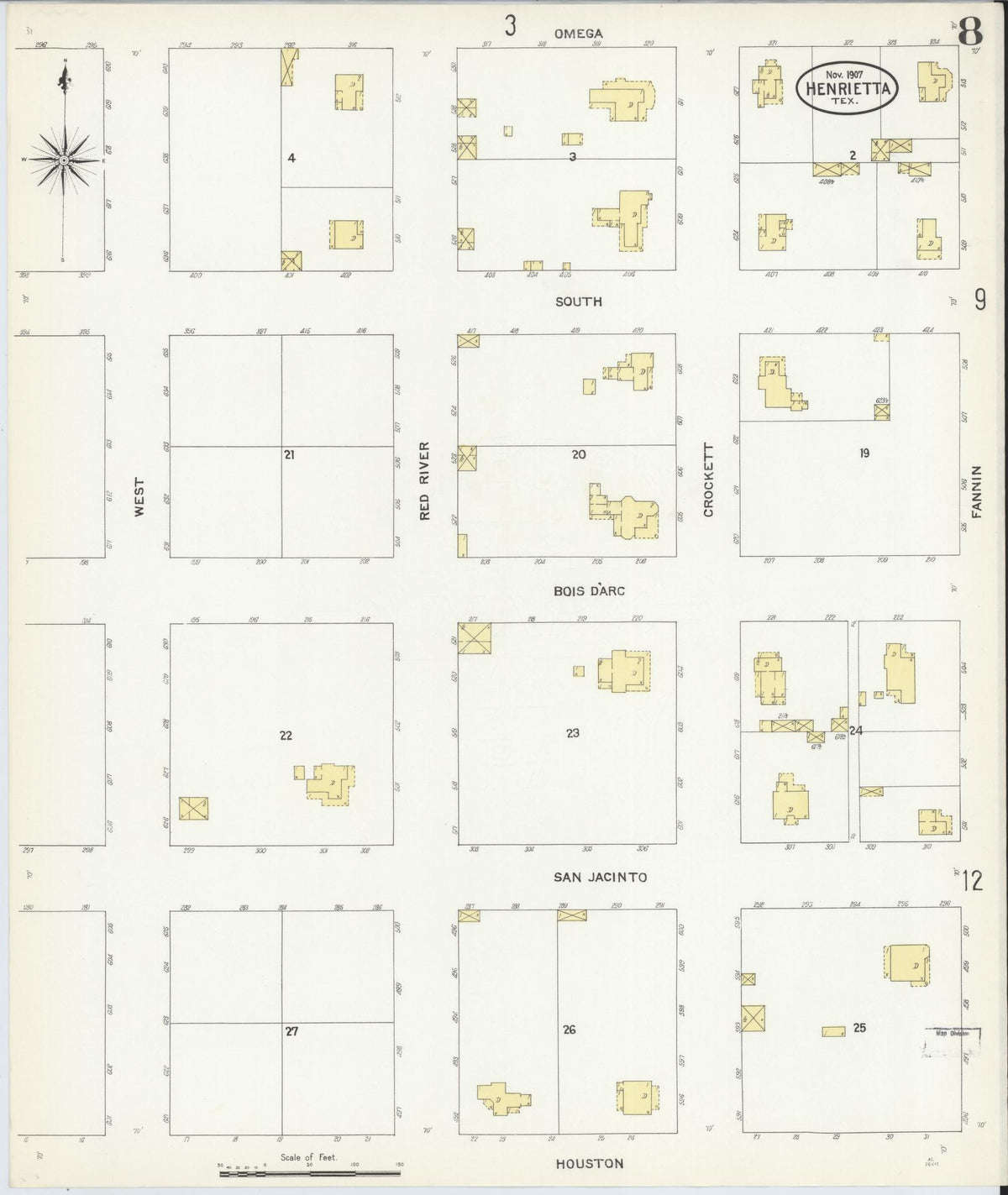 Sanborn Fire Insurance Map from Henrietta, Clay County, Texas (1907), Sheet #0008 - Historic Sanborn Fire Insurance Map Print, vintage old map wall art, antique decor, genealogy gift, Texas Texas map