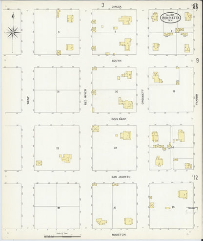 Sanborn Fire Insurance Map from Henrietta, Clay County, Texas (1907), Sheet #0008 - Historic Sanborn Fire Insurance Map Print, vintage old map wall art, antique decor, genealogy gift, Texas Texas map