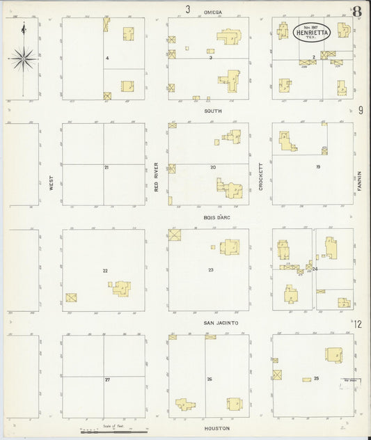 Sanborn Fire Insurance Map from Henrietta, Clay County, Texas (1907), Sheet #0008 - Historic Sanborn Fire Insurance Map Print, vintage old map wall art, antique decor, genealogy gift, Texas Texas map