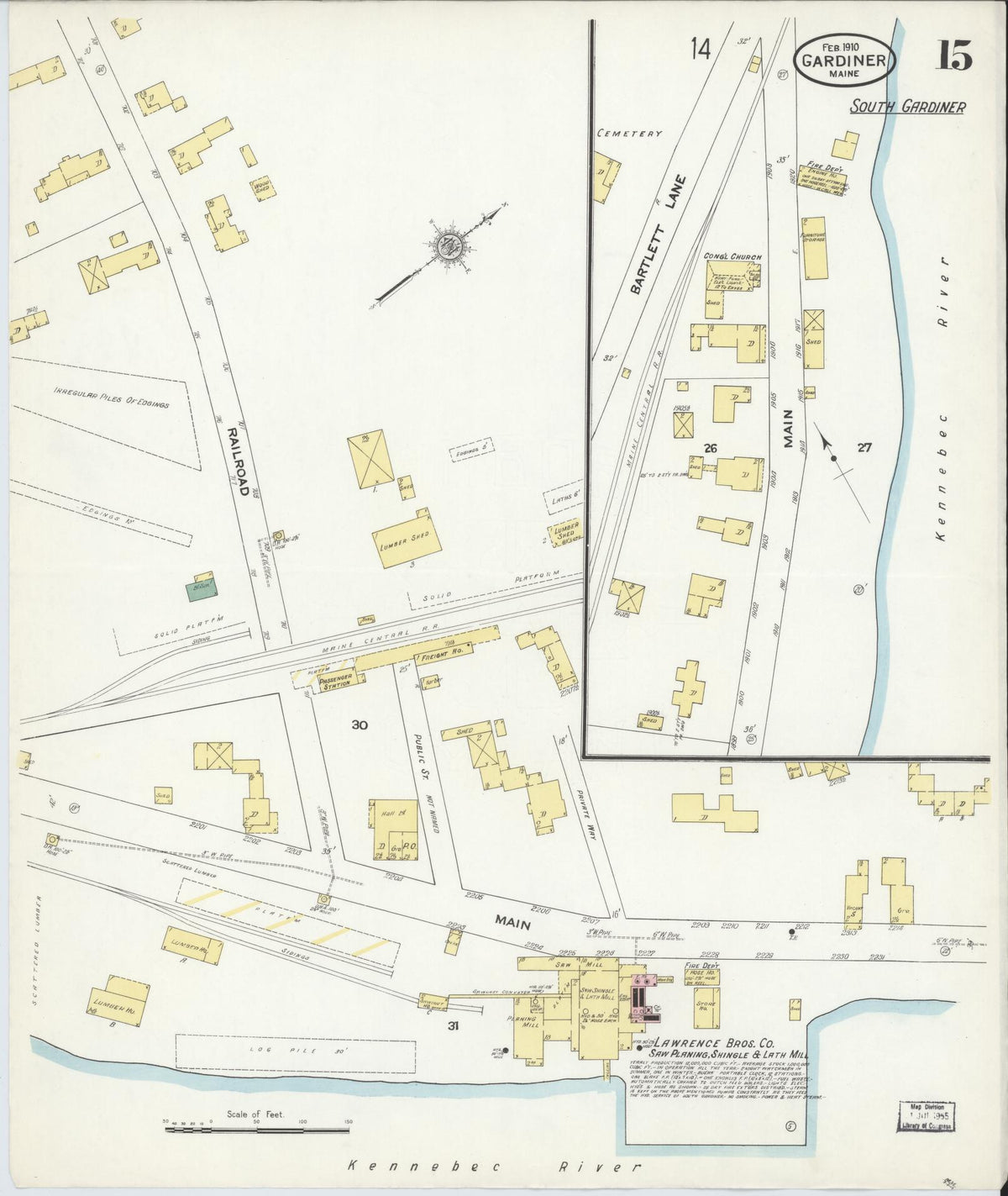 Sanborn Fire Insurance Map from Gardiner, Kennebec County, Maine (1910), Sheet #0015 - Historic Sanborn Fire Insurance Map Print, vintage old map wall art, antique decor, genealogy gift, Maine Maine map