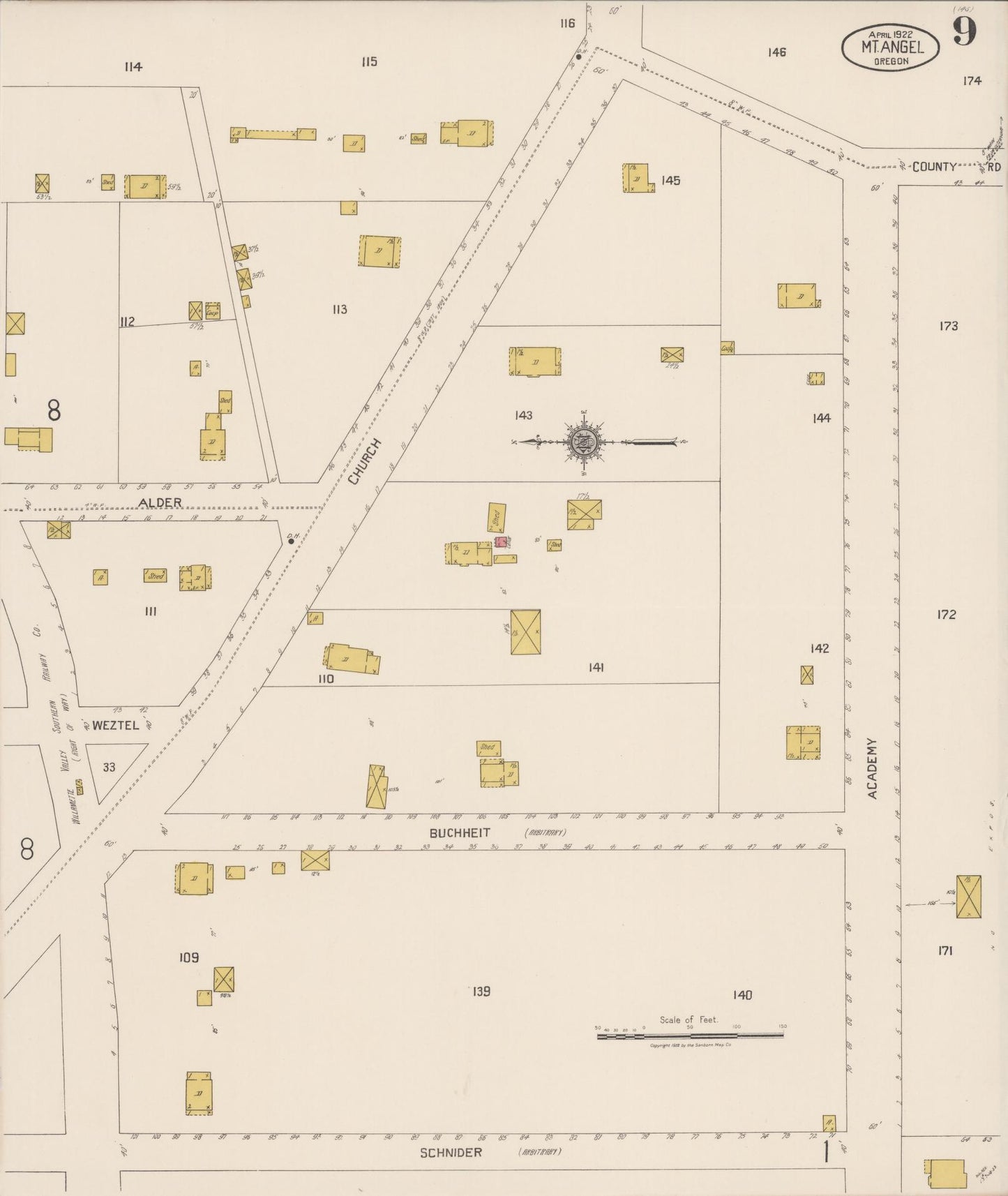 Sanborn Fire Insurance Map from Mount Angel, Marion County, Oregon (1922), Sheet #0009 - Historic Sanborn Fire Insurance Map Print, vintage old map wall art, antique decor, genealogy gift, Oregon Oregon map