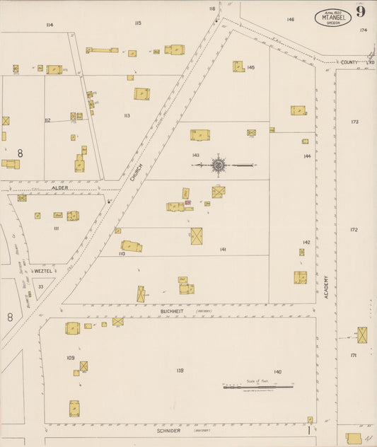 Sanborn Fire Insurance Map from Mount Angel, Marion County, Oregon (1922), Sheet #0009 - Historic Sanborn Fire Insurance Map Print, vintage old map wall art, antique decor, genealogy gift, Oregon Oregon map