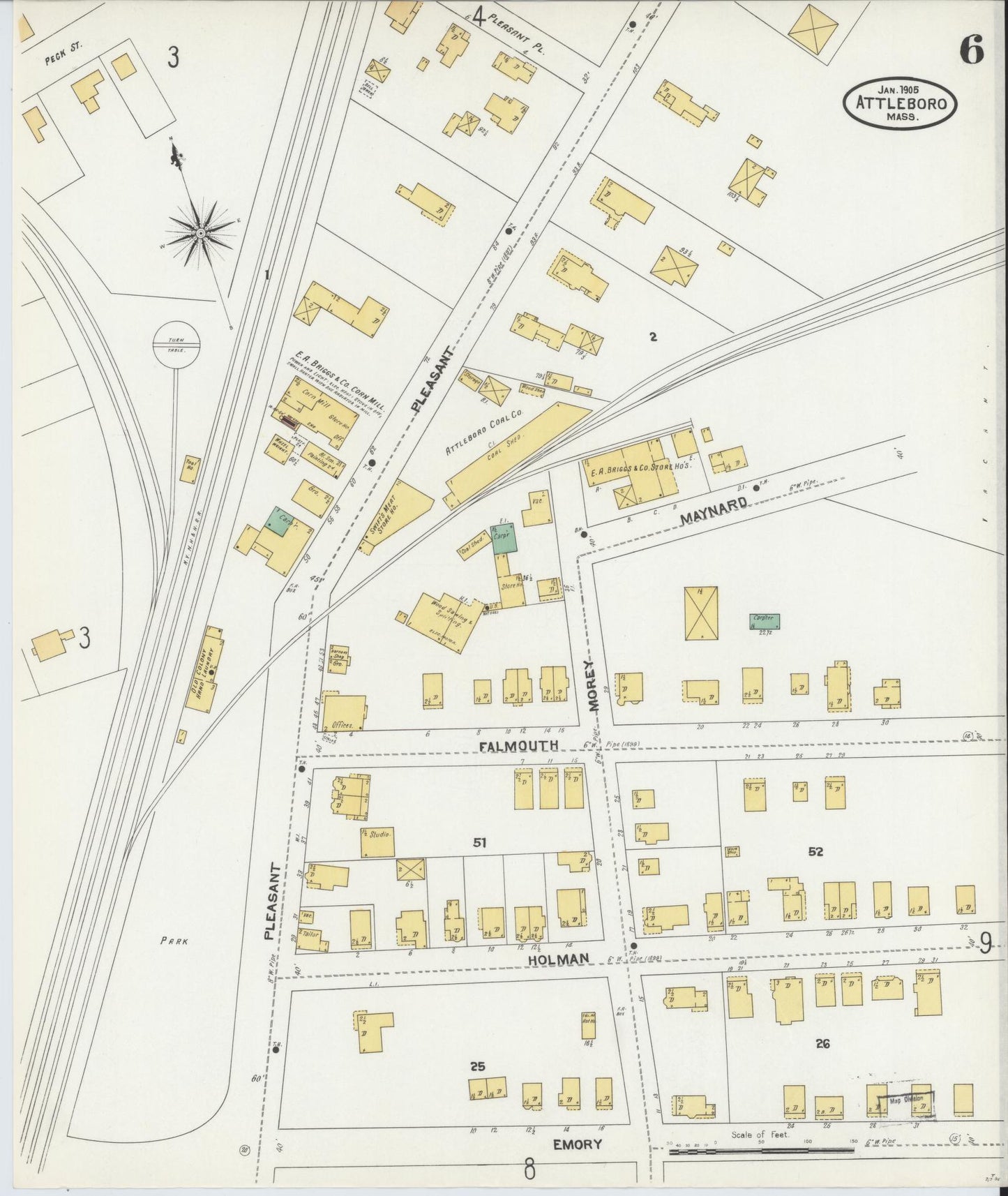 Sanborn Fire Insurance Map from Attleboro, Bristol County, Massachusetts (1905), Sheet #0006 - Historic Sanborn Fire Insurance Map Print, vintage old map wall art, antique decor, genealogy gift, Massachusetts Massachusetts map