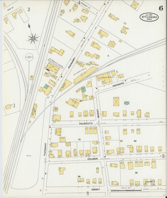 Sanborn Fire Insurance Map from Attleboro, Bristol County, Massachusetts (1905), Sheet #0006 - Historic Sanborn Fire Insurance Map Print, vintage old map wall art, antique decor, genealogy gift, Massachusetts Massachusetts map