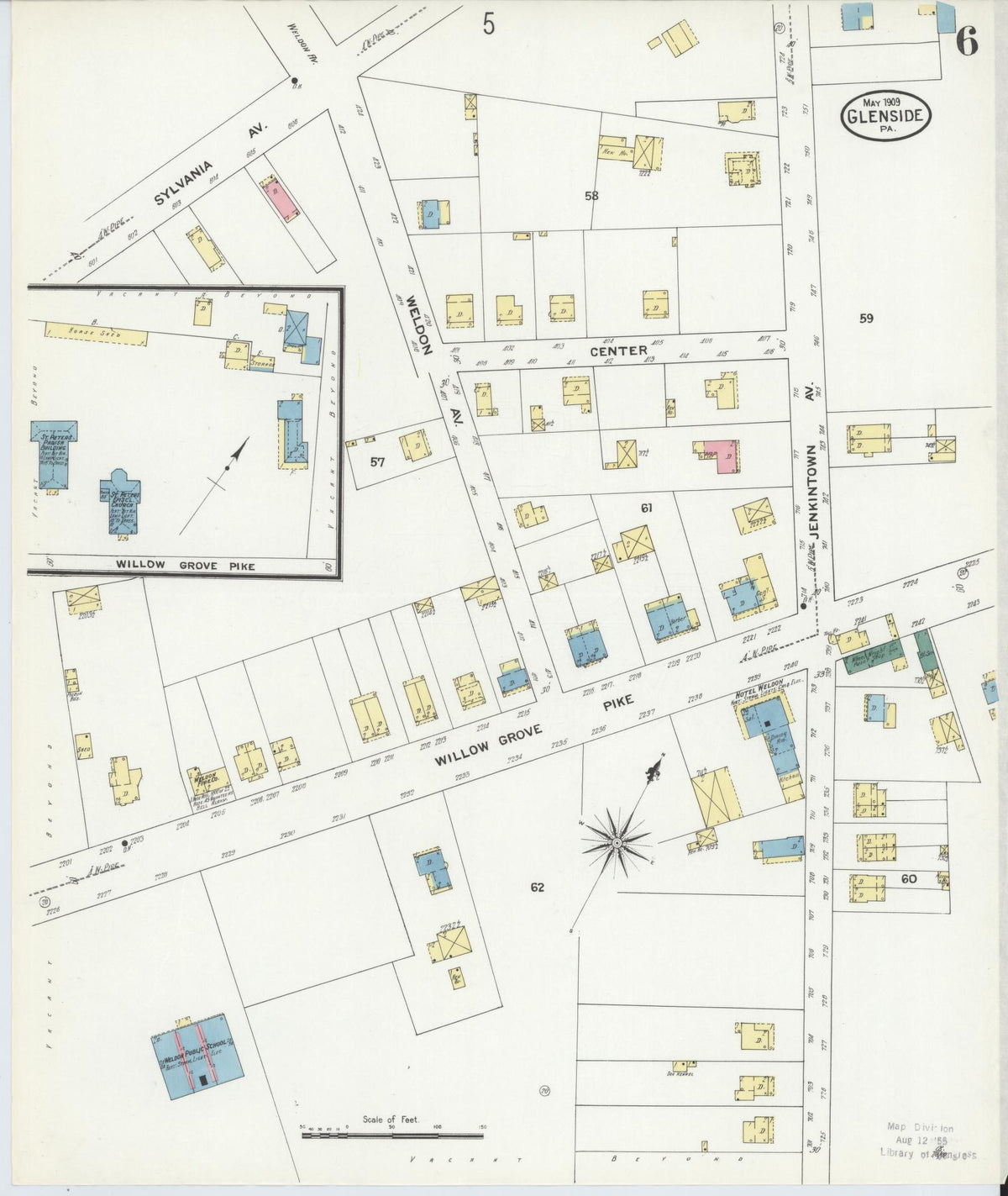 Sanborn Fire Insurance Map from Glenside, Montgomery County, Pennsylvania (1909), Sheet #0006 - Complete Map Set gallery image, historic Sanborn map, vintage wall art, Pennsylvania Pennsylvania