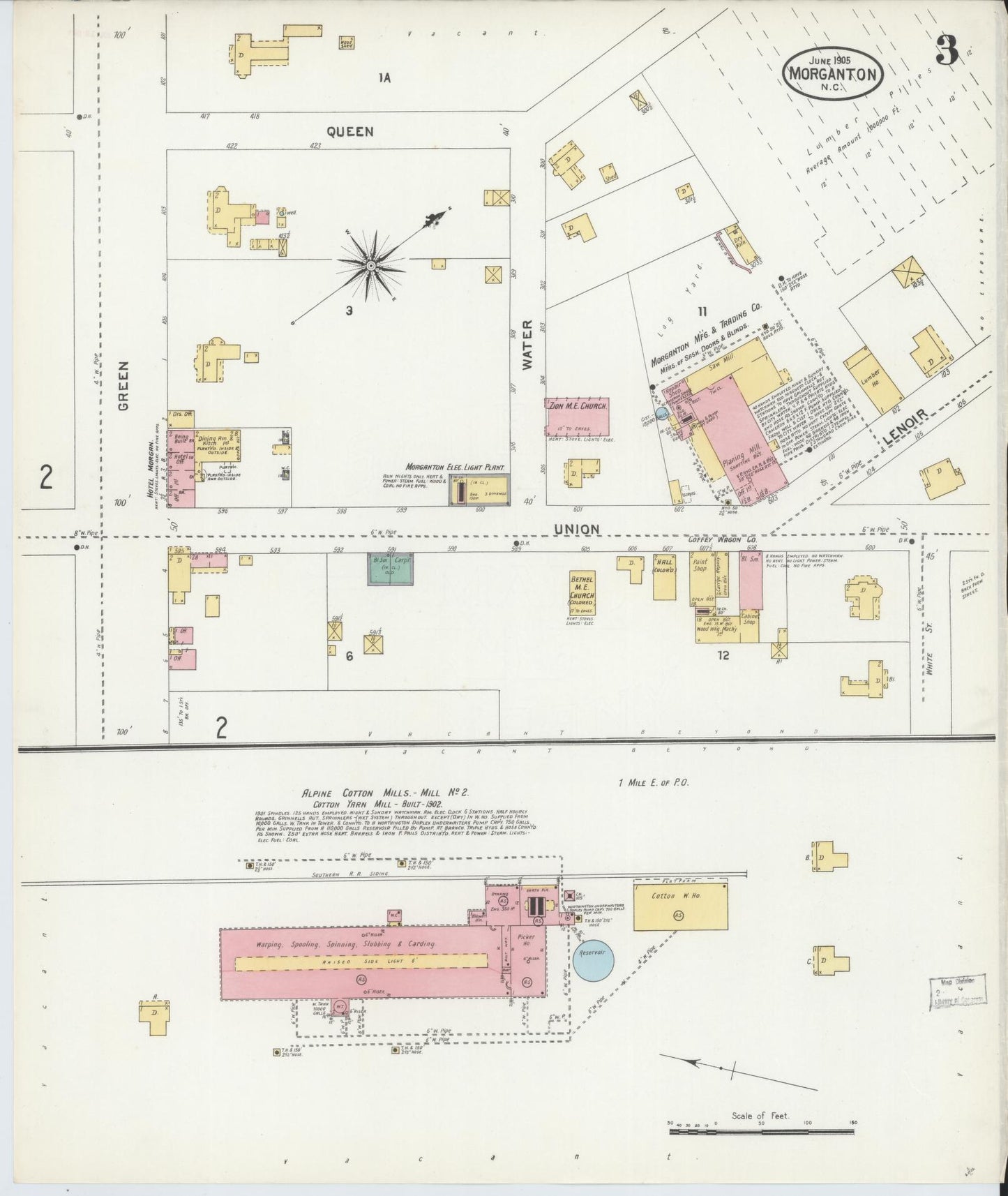 Sanborn Fire Insurance Map from Morganton, Burke County, North Carolina (1905), Sheet #0003 - Complete Map Set gallery image, historic Sanborn map, vintage wall art, North Carolina North Carolina