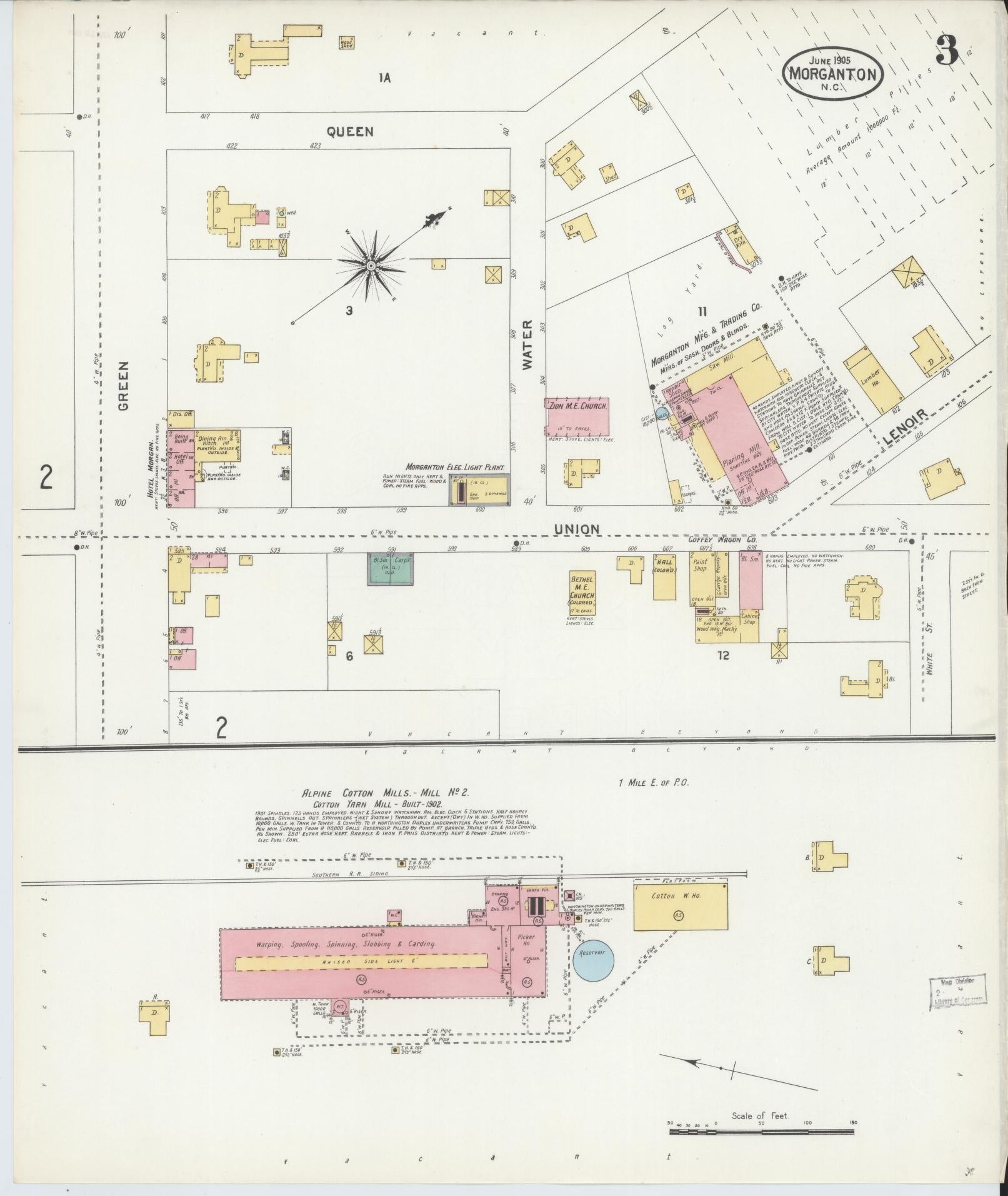 Sanborn Fire Insurance Map from Morganton, Burke County, North Carolina (1905), Sheet #0003 - Complete Map Set gallery image, historic Sanborn map, vintage wall art, North Carolina North Carolina