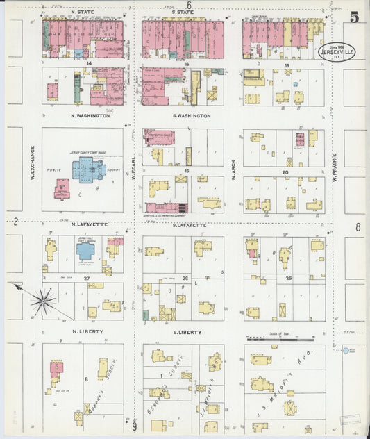 Sanborn Fire Insurance Map from Jerseyville, Jersey County, Illinois (1906), Sheet #0005 - Historic Sanborn Fire Insurance Map Print, vintage old map wall art, antique decor, genealogy gift, Illinois Illinois map