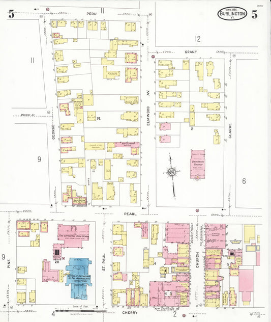 Sanborn Fire Insurance Map from Burlington, Chittenden County, Vermont (1926), Sheet #0005 - Historic Sanborn Fire Insurance Map Print, vintage old map wall art, antique decor, genealogy gift, Vermont Vermont map