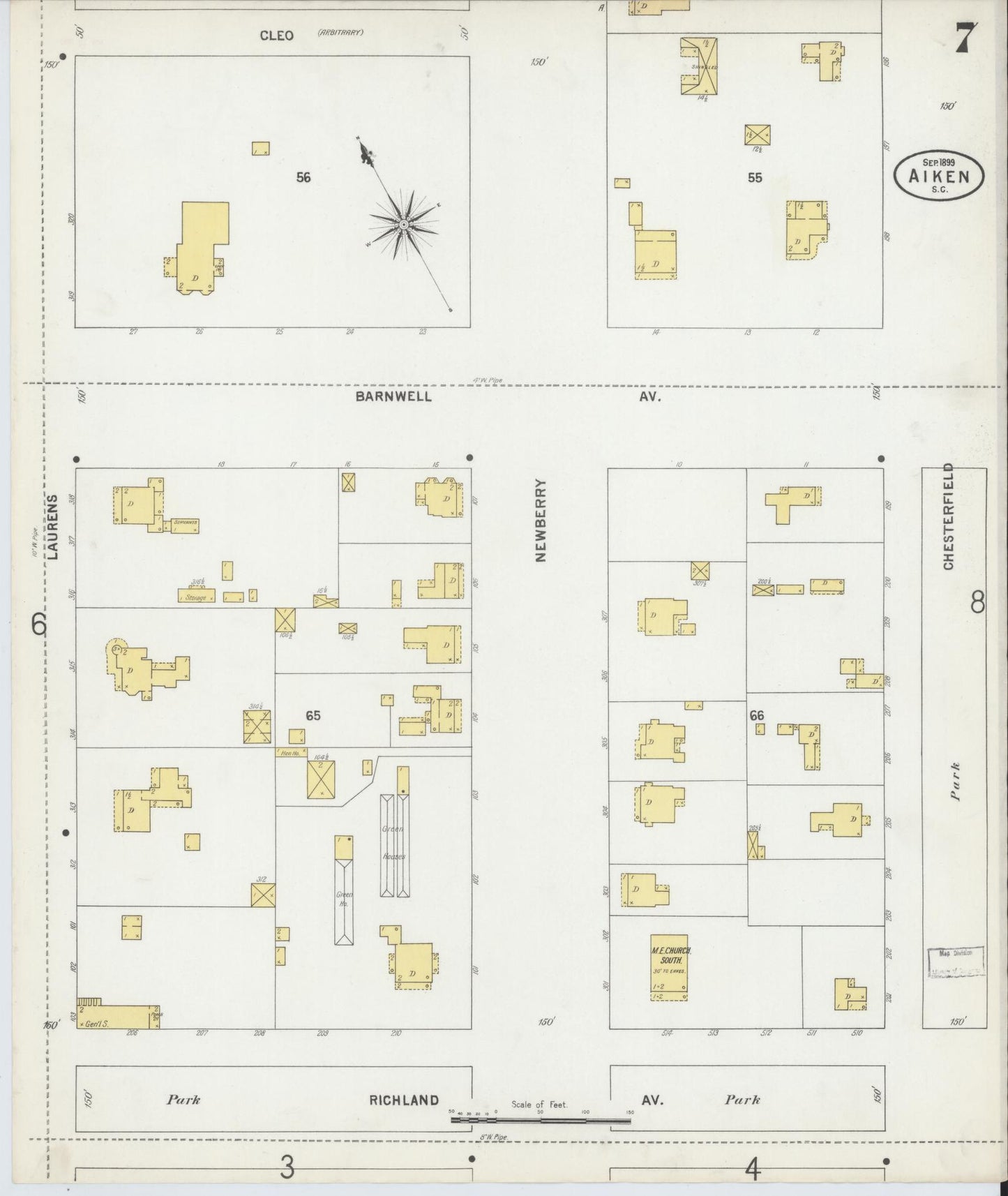 Sanborn Fire Insurance Map from Aiken, Aiken County, South Carolina (1899), Sheet #0007 - Historic Sanborn Fire Insurance Map Print, vintage old map wall art, antique decor, genealogy gift, South Carolina South Carolina map
