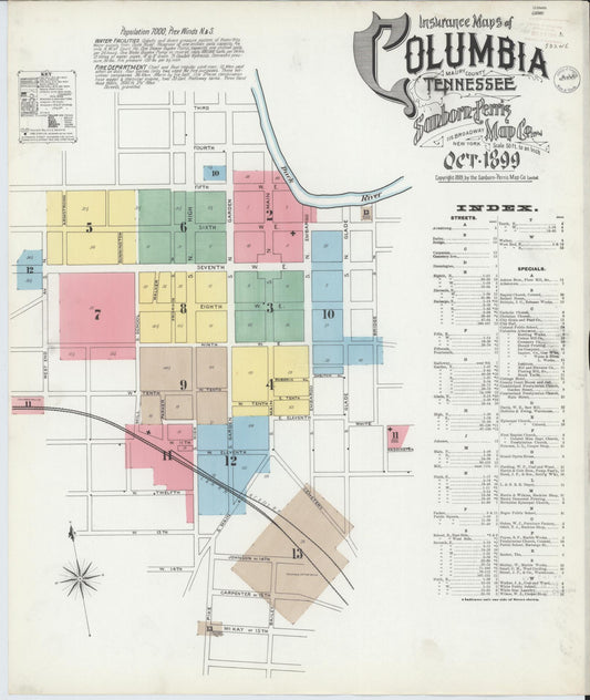Sanborn Fire Insurance Map from Columbia, Maury County, Tennessee (1899), Sheet #0001 - Historic Sanborn Fire Insurance Map Print, vintage old map wall art, antique decor, genealogy gift, Tennessee Tennessee map