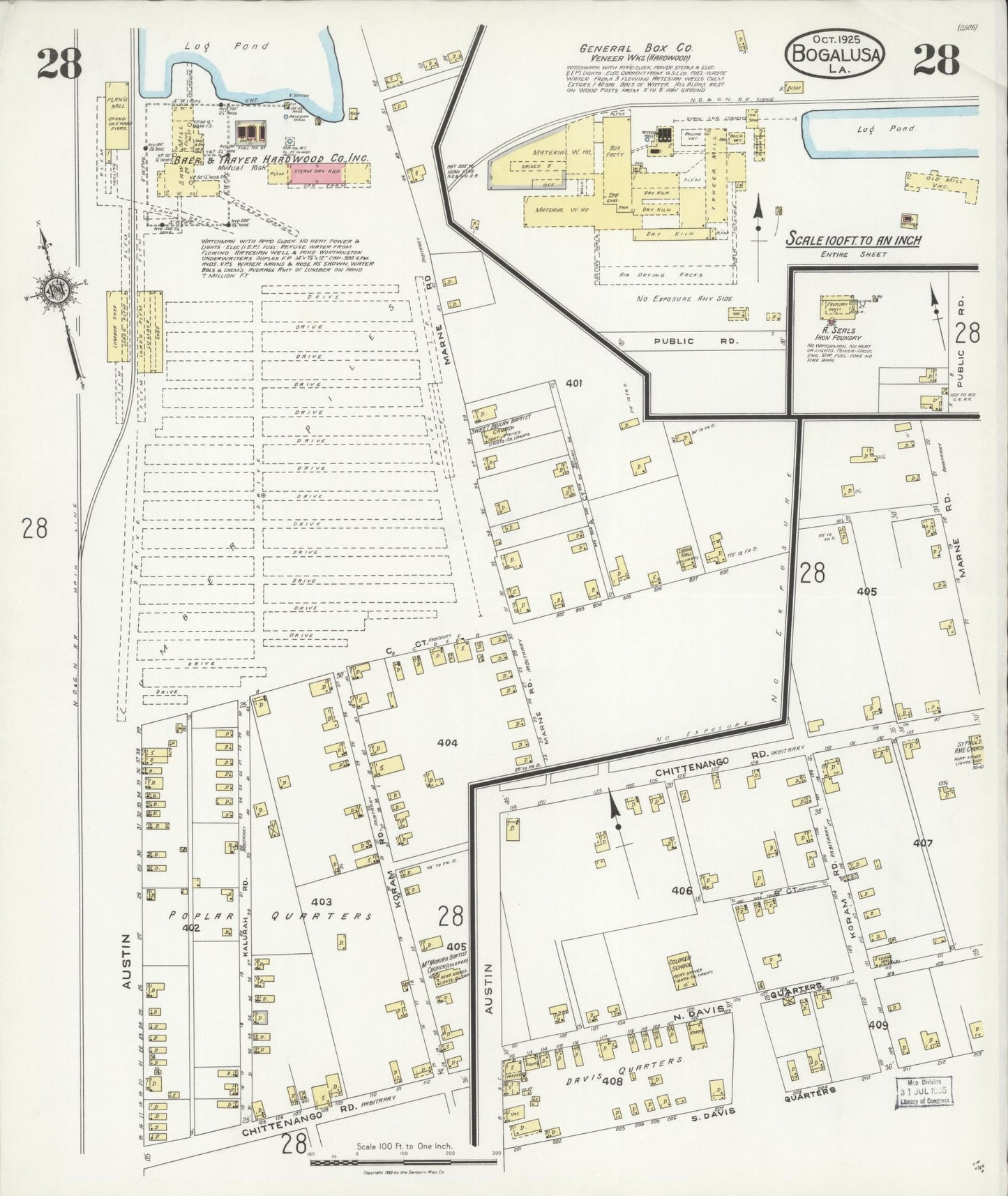 Sanborn Fire Insurance Map from Bogalusa, Washington Parish, Louisiana (1925), Sheet #0028 - Historic Sanborn Fire Insurance Map Print, vintage old map wall art, antique decor, genealogy gift, Louisiana Louisiana map