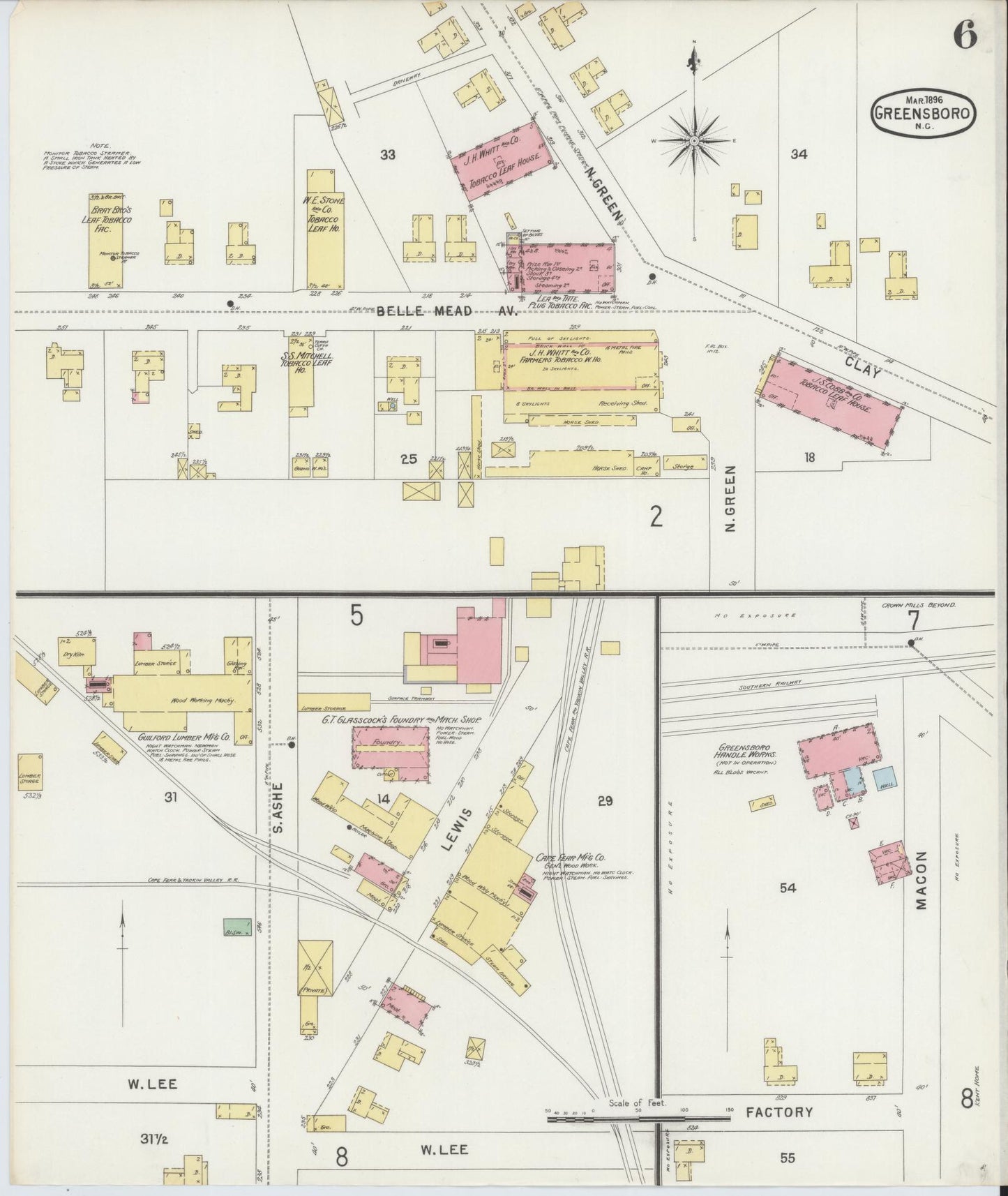 Sanborn Fire Insurance Map from Greensboro, Guilford County, North Carolina (1896), Sheet #0006 - Historic Sanborn Fire Insurance Map Print, vintage old map wall art, antique decor, genealogy gift, North Carolina North Carolina map