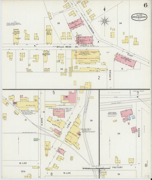Sanborn Fire Insurance Map from Greensboro, Guilford County, North Carolina (1896), Sheet #0006 - Historic Sanborn Fire Insurance Map Print, vintage old map wall art, antique decor, genealogy gift, North Carolina North Carolina map
