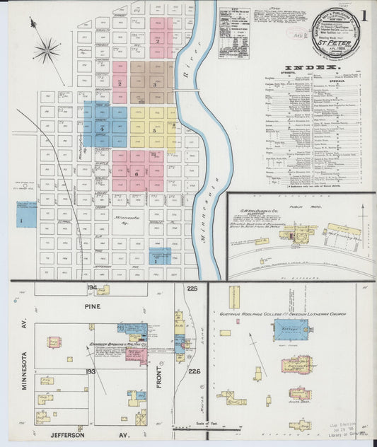 Sanborn Fire Insurance Map from Saint Peter, Nicollet County, Minnesota (1889), Sheet #0001 - Historic Sanborn Fire Insurance Map Print, vintage old map wall art, antique decor, genealogy gift, Minnesota Minnesota map