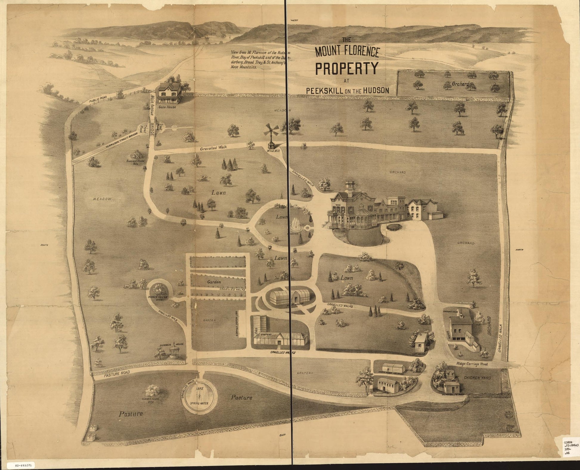 The Mount Florence property at Peekskill on the Hudson. (1890) – Historic Bird’s-Eye View Panorama Print
