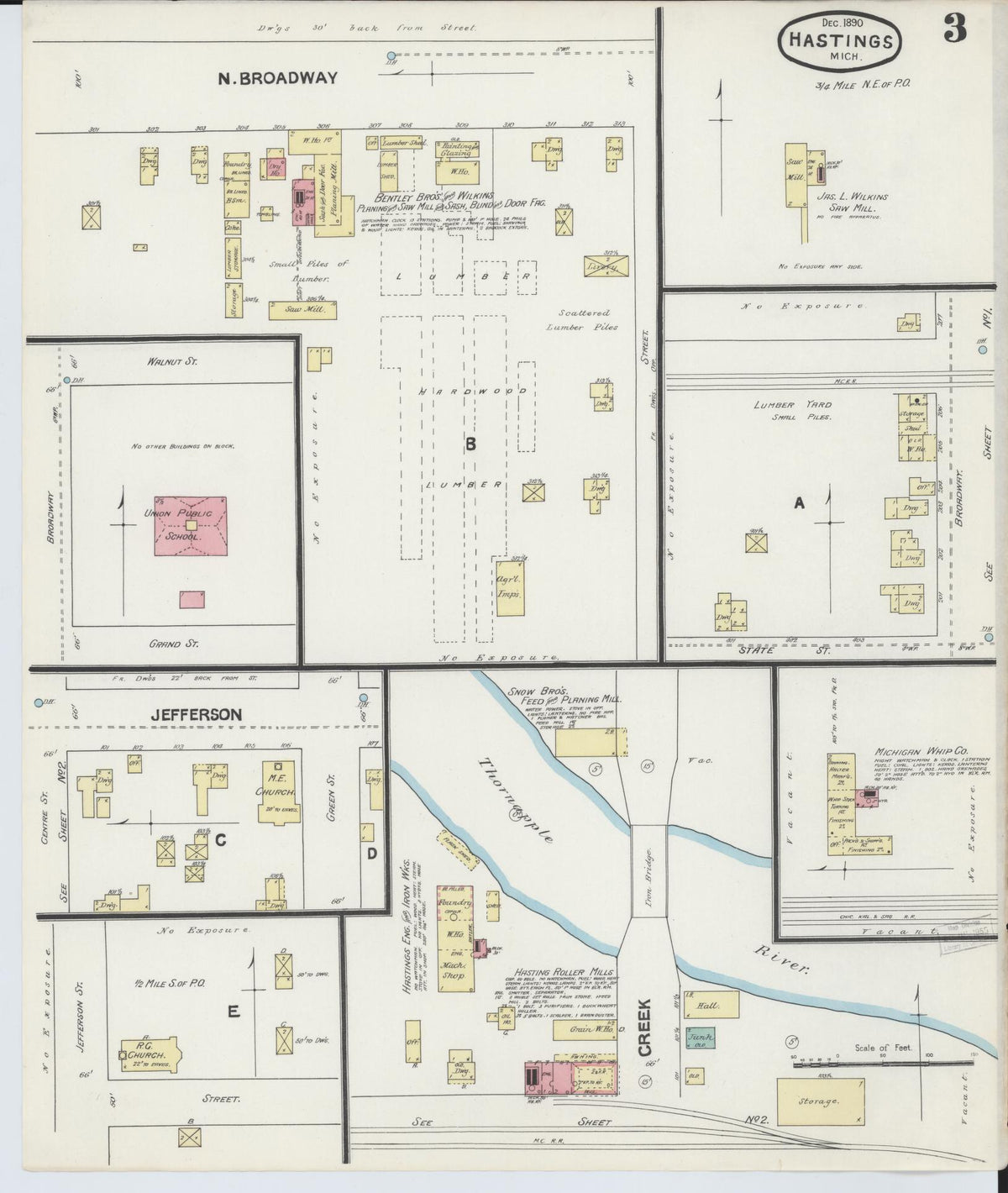 Sanborn Fire Insurance Map from Hastings, Barry County, Michigan (1891), Sheet #0003 - Historic Sanborn Fire Insurance Map Print, vintage old map wall art, antique decor, genealogy gift, Michigan Michigan map