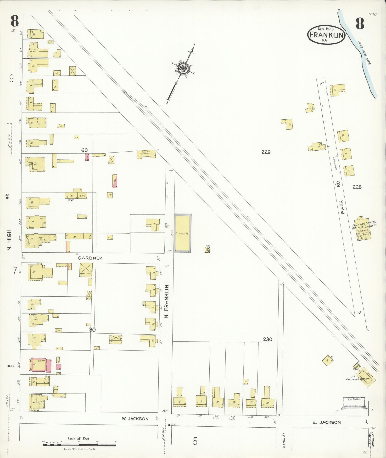 Sanborn Fire Insurance Map from Franklin, Independent Cities, Virginia (1923), Sheet #0008 - Complete Map Set gallery image, historic Sanborn map, vintage wall art, Virginia Virginia