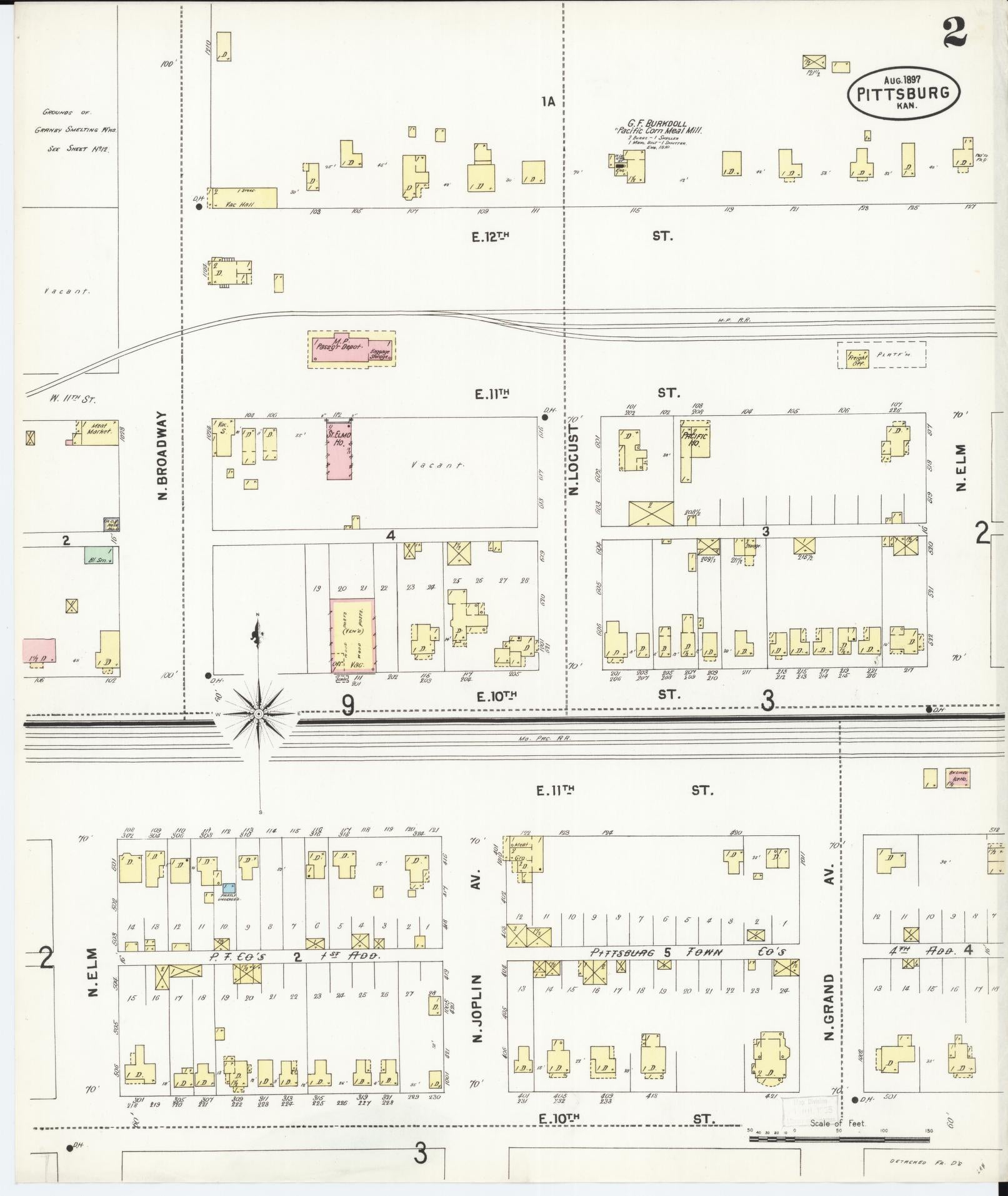 Sanborn Fire Insurance Map from Pittsburg, Crawford County, Kansas (1897), Sheet #0002 - Complete Map Set gallery image, historic Sanborn map, vintage wall art, Kansas Kansas