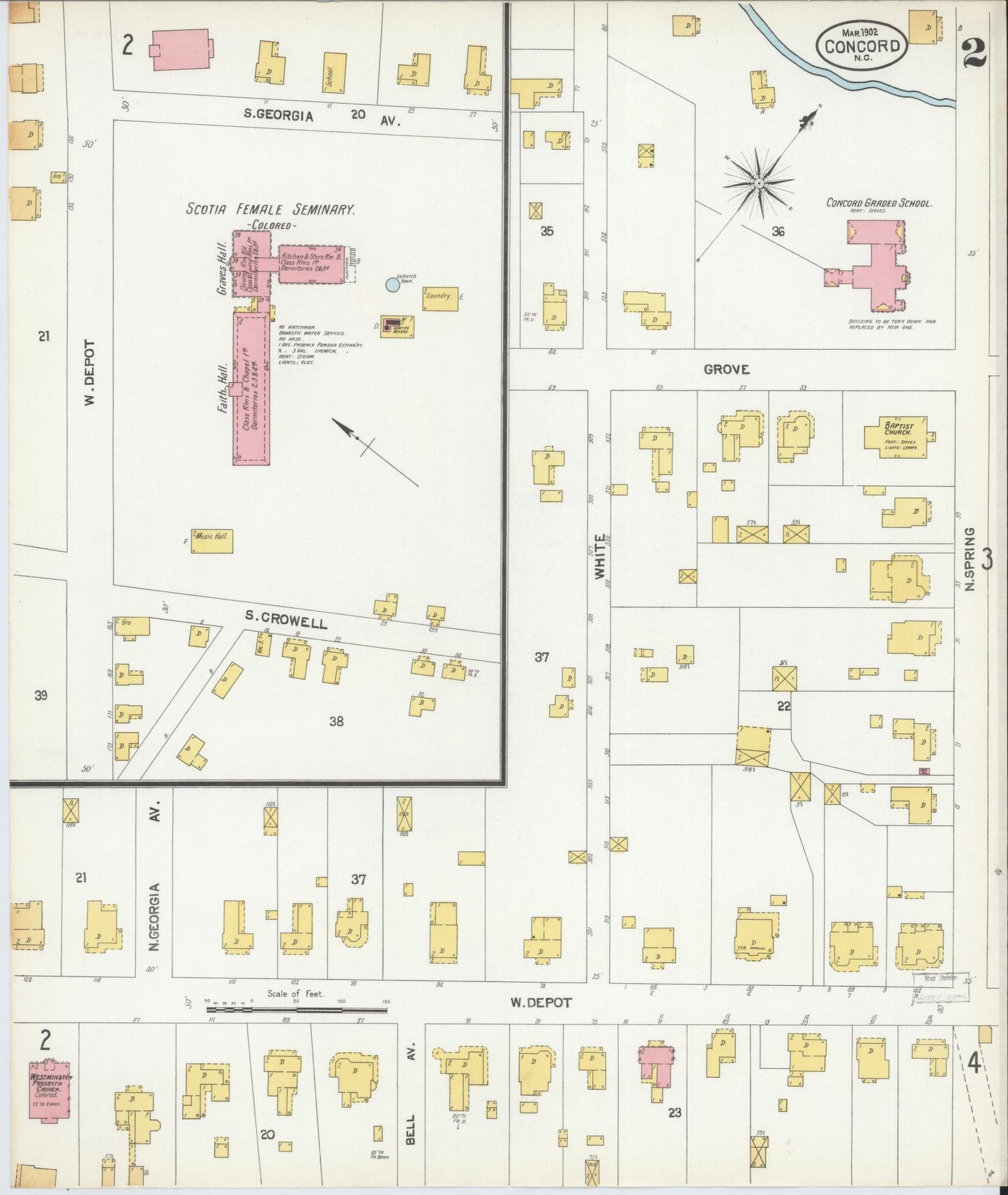 Sanborn Fire Insurance Map from Concord, Cabarrus County, North Carolina (1902), Sheet #0002 - Complete Map Set gallery image, historic Sanborn map, vintage wall art, North Carolina North Carolina