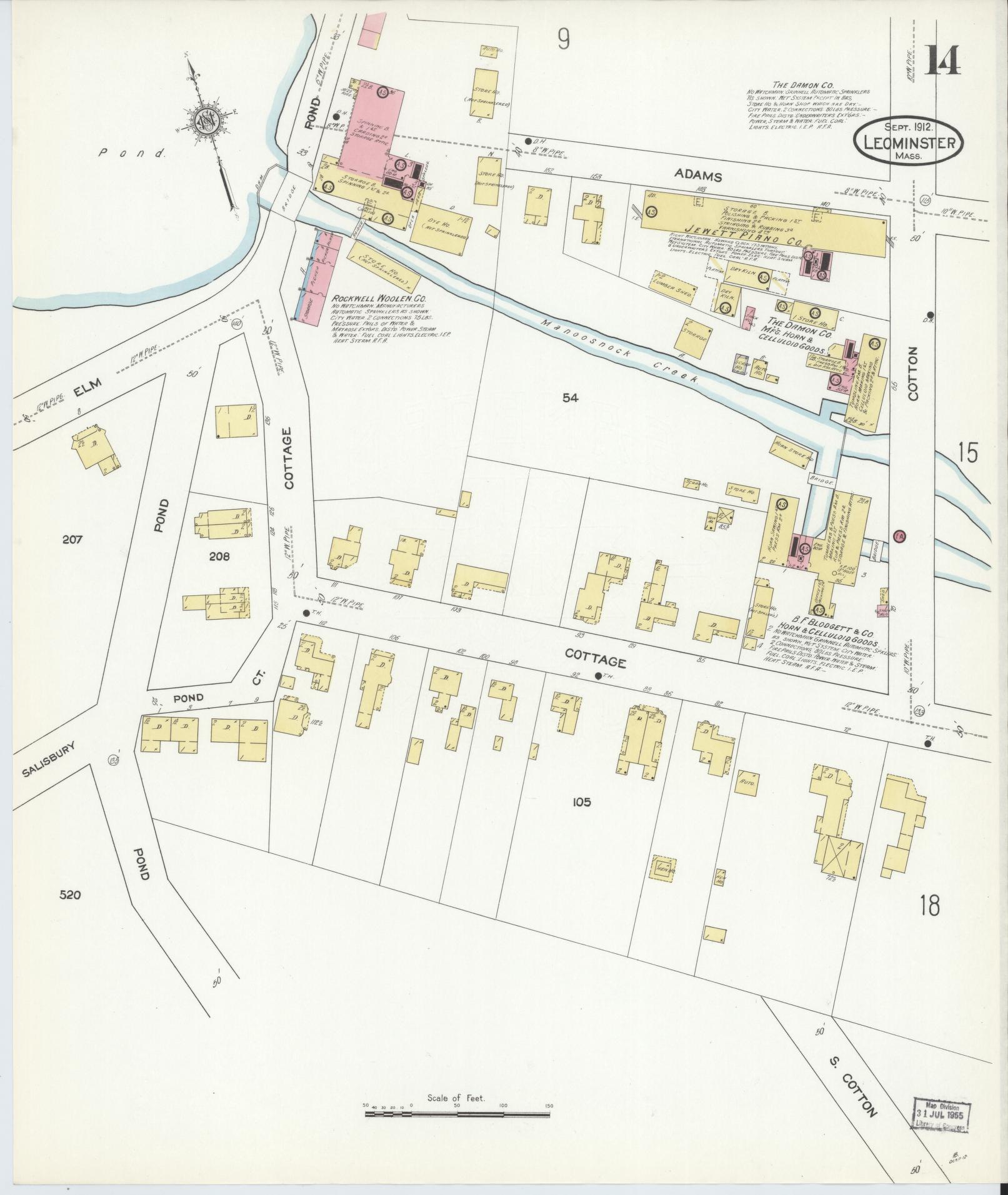 Sanborn Fire Insurance Map from Leominster, Worcester County, Massachusetts (1912), Sheet #0014 - Complete Map Set gallery image, historic Sanborn map, vintage wall art, Massachusetts Massachusetts
