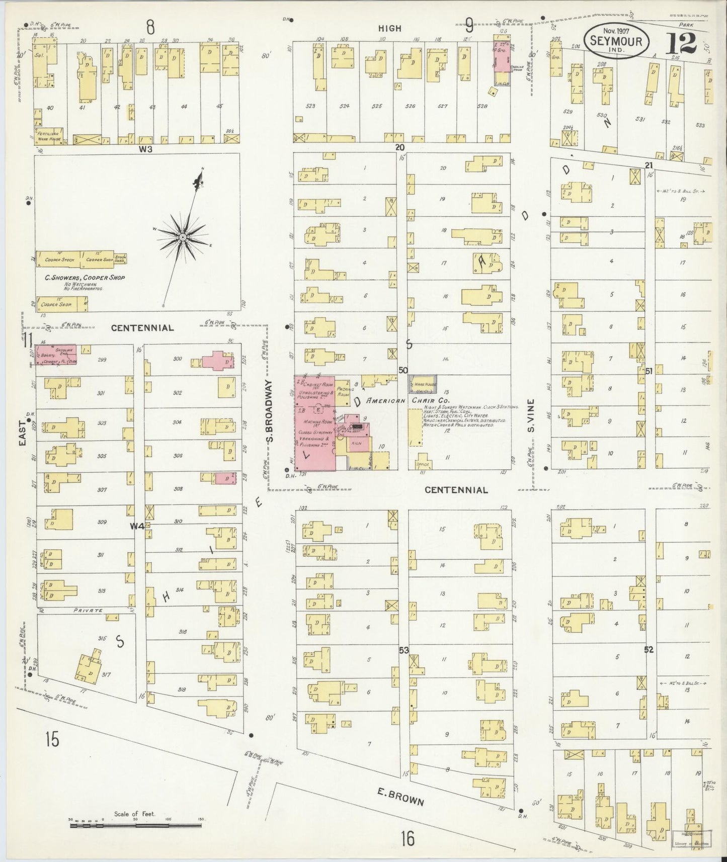 Sanborn Fire Insurance Map from Seymour, Jackson County, Indiana (1907), Sheet #0012 - Complete Map Set gallery image, historic Sanborn map, vintage wall art, Indiana Indiana
