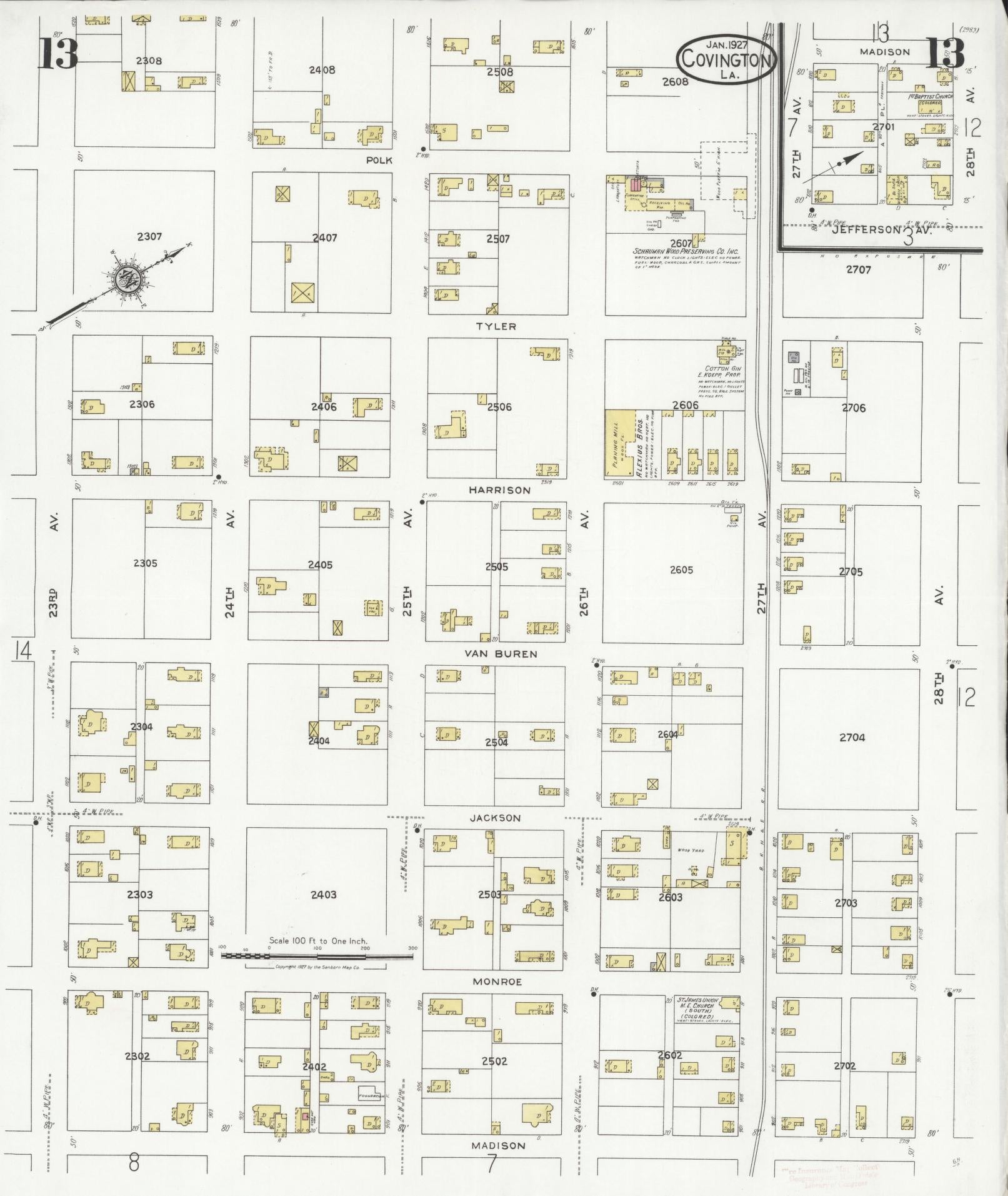 Sanborn Fire Insurance Map from Covington, Saint Tammany Parish, Louisiana (1927), Sheet #0013 - Complete Map Set gallery image, historic Sanborn map, vintage wall art, Louisiana Louisiana