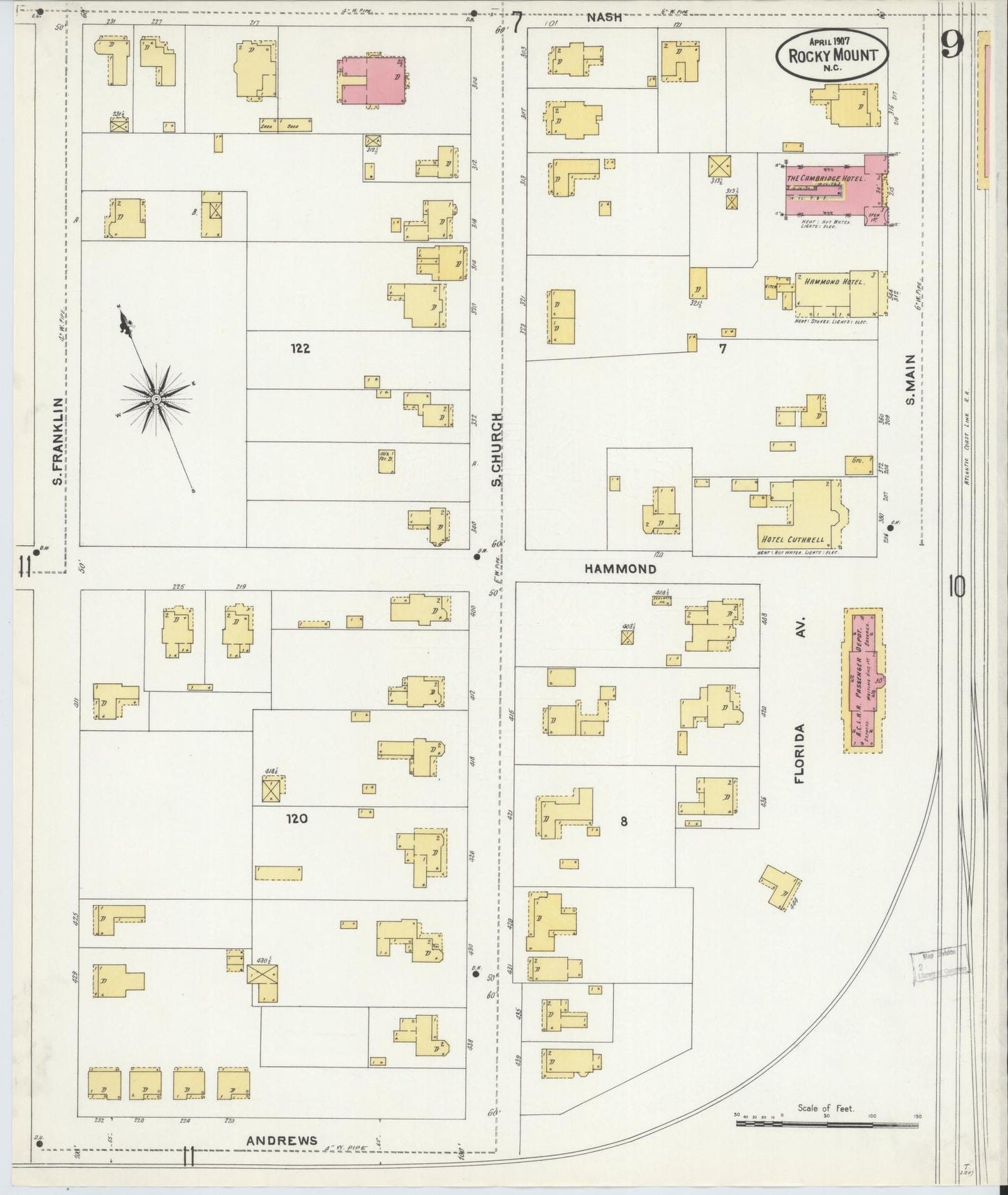 Sanborn Fire Insurance Map from Rocky Mount, Edgecombe And Nash Counties, North Carolina (1907), Sheet #0009 - Historic Sanborn Fire Insurance Map Print, vintage old map wall art, antique decor, genealogy gift, North Carolina North Carolina map