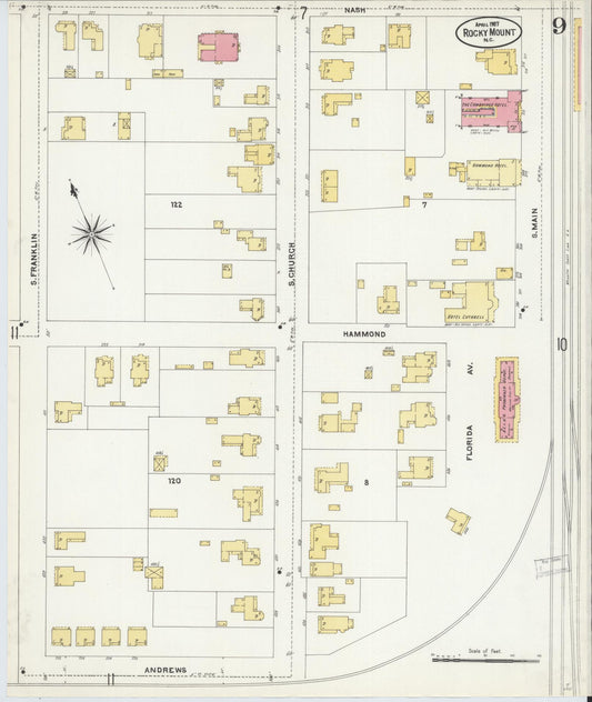 Sanborn Fire Insurance Map from Rocky Mount, Edgecombe And Nash Counties, North Carolina (1907), Sheet #0009 - Historic Sanborn Fire Insurance Map Print, vintage old map wall art, antique decor, genealogy gift, North Carolina North Carolina map