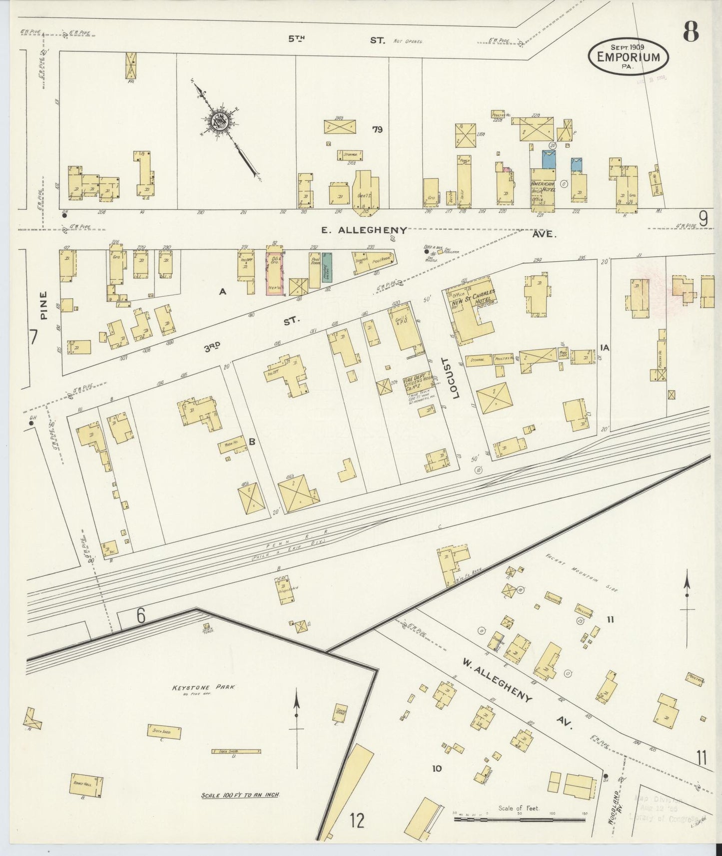 Sanborn Fire Insurance Map from Emporium, Cameron County, Pennsylvania (1909), Sheet #0008 - Historic Sanborn Fire Insurance Map Print, vintage old map wall art, antique decor, genealogy gift, Pennsylvania Pennsylvania map