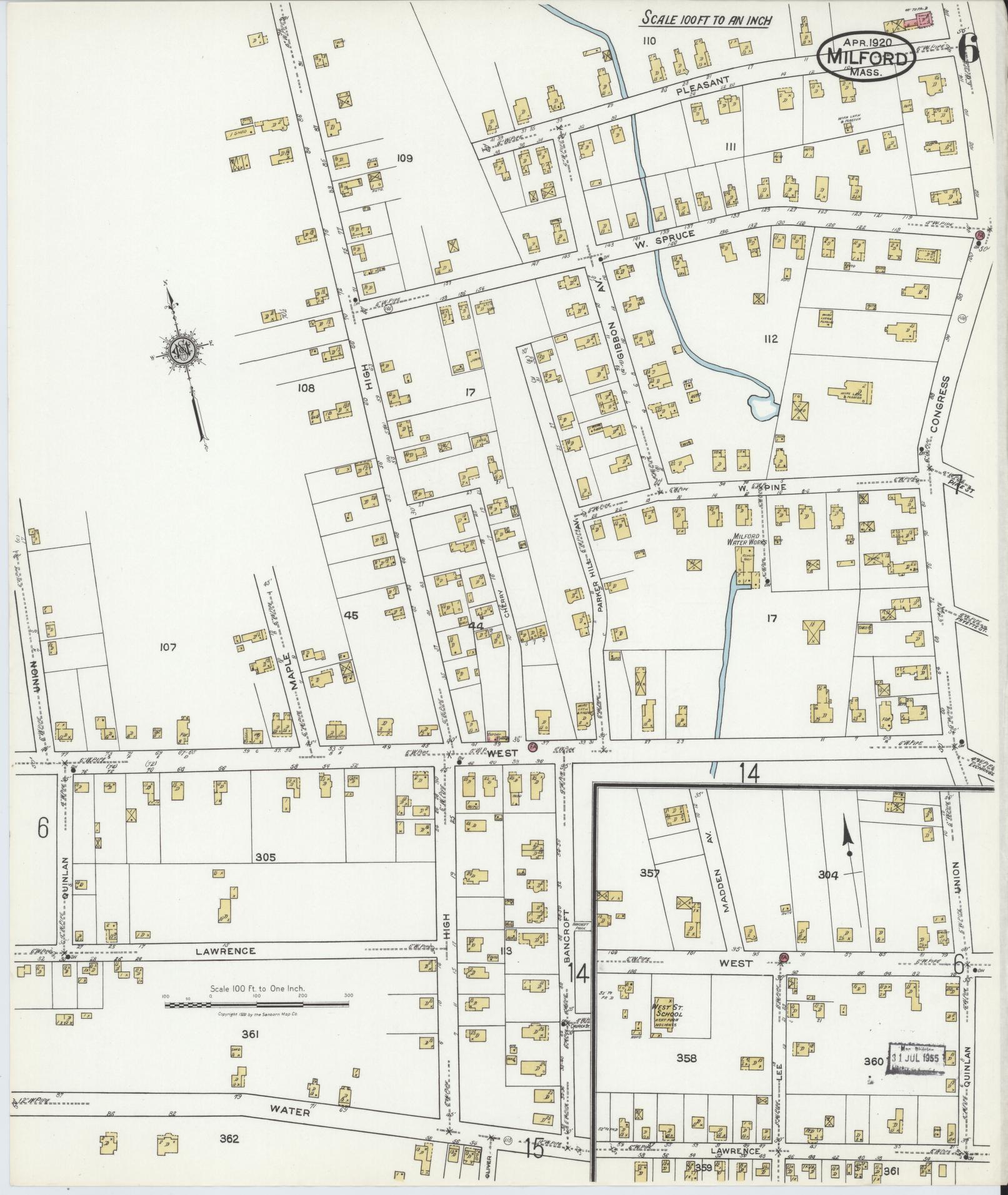 Sanborn Fire Insurance Map from Milford, Worcester County, Massachusetts (1920), Sheet #0006 - Complete Map Set gallery image, historic Sanborn map, vintage wall art, Massachusetts Massachusetts