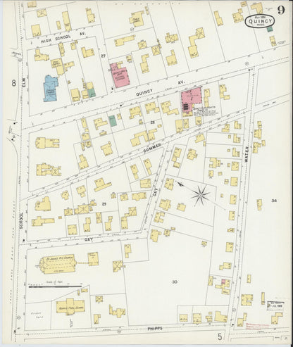 Sanborn Fire Insurance Map from Quincy, Norfolk County, Massachusetts (1896), Sheet #0009 - Historic Sanborn Fire Insurance Map Print, vintage old map wall art, antique decor, genealogy gift, Massachusetts Massachusetts map