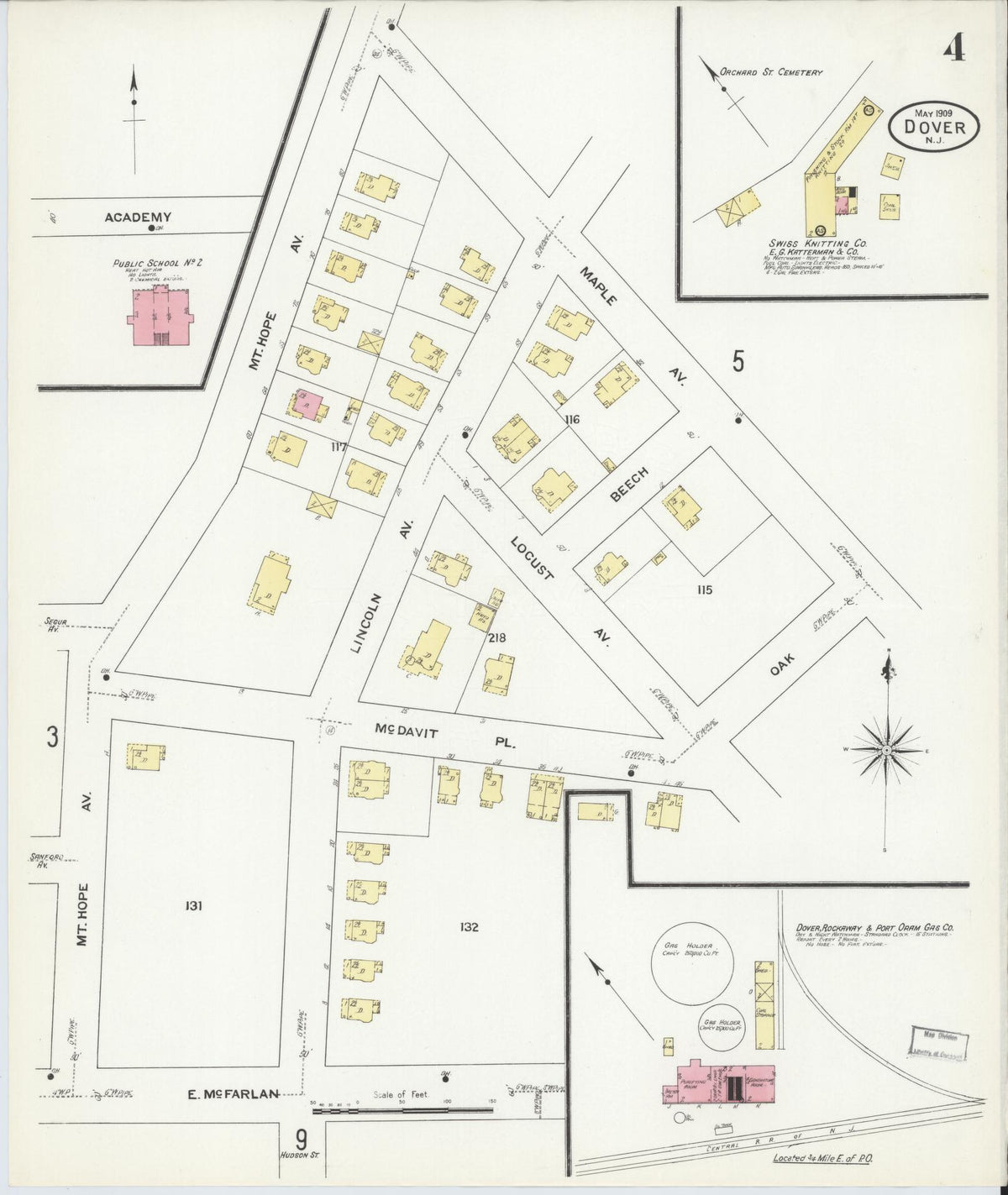 Sanborn Fire Insurance Map from Dover, Morris County, New Jersey (1909), Sheet #0004 - Historic Sanborn Fire Insurance Map Print, vintage old map wall art, antique decor, genealogy gift, New Jersey New Jersey map