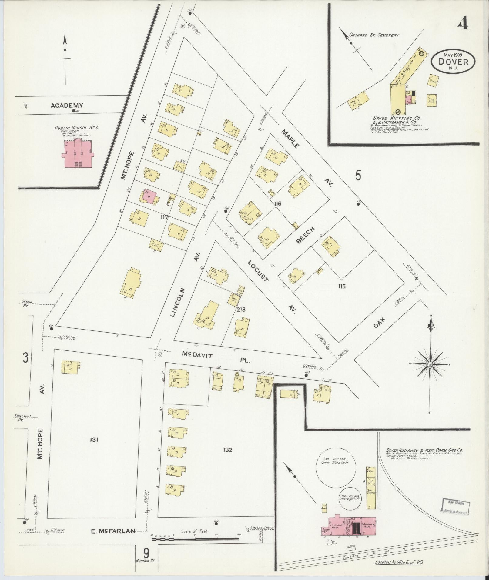 Sanborn Fire Insurance Map from Dover, Morris County, New Jersey (1909), Sheet #0004 - Historic Sanborn Fire Insurance Map Print, vintage old map wall art, antique decor, genealogy gift, New Jersey New Jersey map