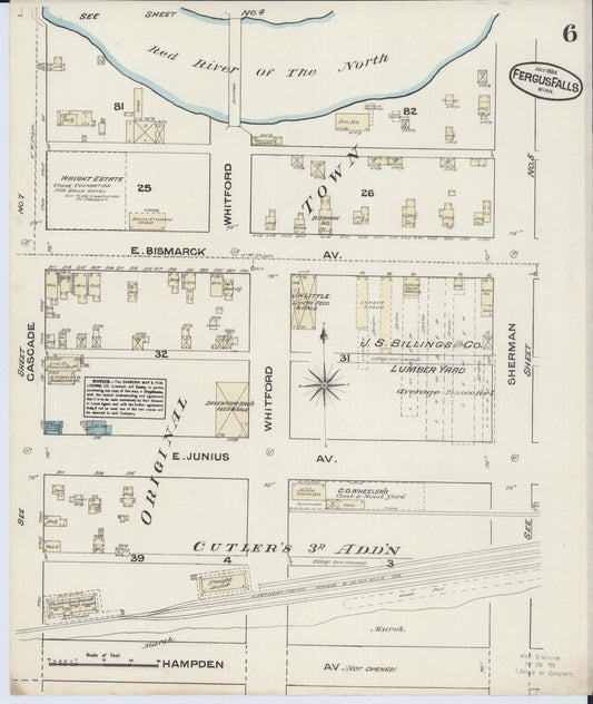 Sanborn Fire Insurance Map from Fergus Falls, Otter Tail County, Minnesota (1884), Sheet #0006 - Historic Sanborn Fire Insurance Map Print, vintage old map wall art, antique decor, genealogy gift, Minnesota Minnesota map