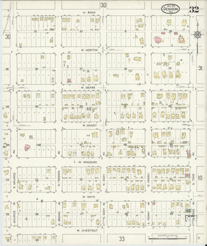 Sanborn Fire Insurance Map from Denison, Grayson County, Texas (1914), Sheet #0032 - Historic Sanborn Fire Insurance Map Print, vintage old map wall art, antique decor, genealogy gift, Texas Texas map