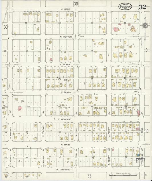 Sanborn Fire Insurance Map from Denison, Grayson County, Texas (1914), Sheet #0032 - Historic Sanborn Fire Insurance Map Print, vintage old map wall art, antique decor, genealogy gift, Texas Texas map