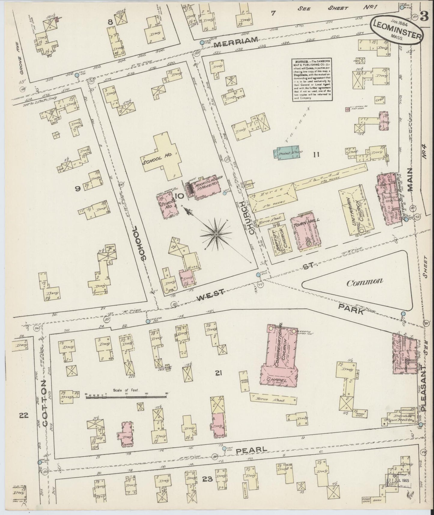 Sanborn Fire Insurance Map from Leominster, Worcester County, Massachusetts (1884), Sheet #0003 - Complete Map Set gallery image, historic Sanborn map, vintage wall art, Massachusetts Massachusetts