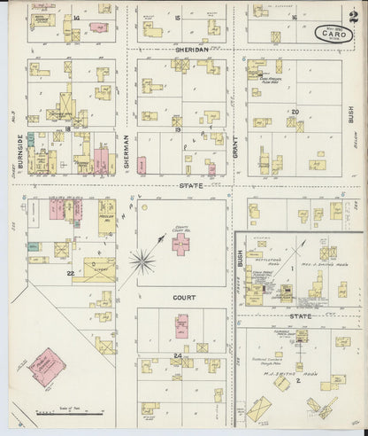 Sanborn Fire Insurance Map from Caro, Tuscola County, Michigan (1890), Sheet #0002 - Historic Sanborn Fire Insurance Map Print, vintage old map wall art, antique decor, genealogy gift, Michigan Michigan map