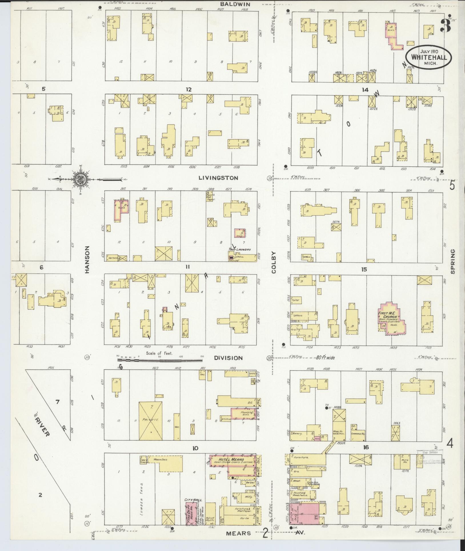 Sanborn Fire Insurance Map from Whitehall, Muskegon County, Michigan (1910), Sheet #0003 - Complete Map Set gallery image, historic Sanborn map, vintage wall art, Michigan Michigan