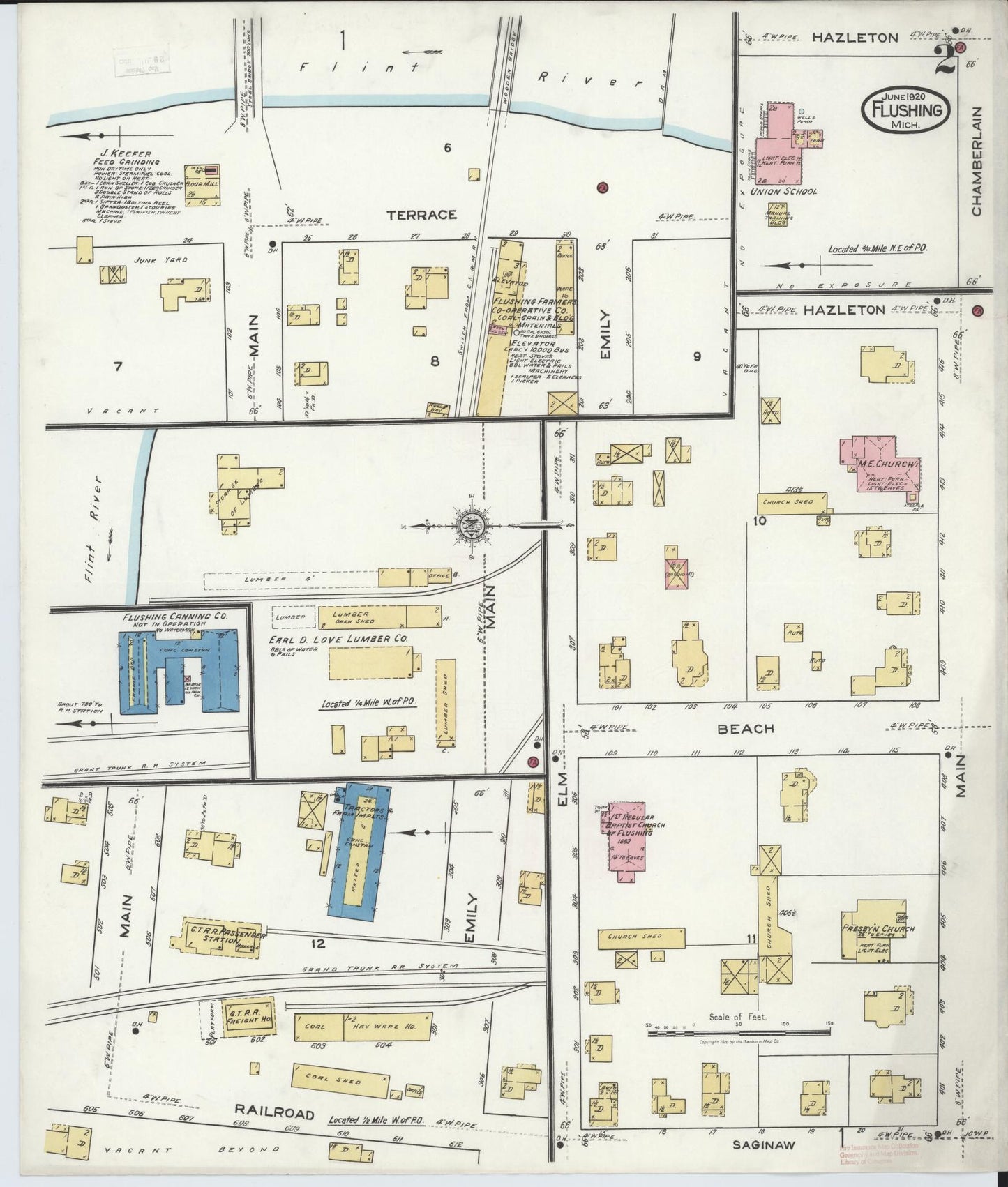 Sanborn Fire Insurance Map from Flushing, Genesee County, Michigan (1920), Sheet #0002 - Historic Sanborn Fire Insurance Map Print, vintage old map wall art, antique decor, genealogy gift, Michigan Michigan map