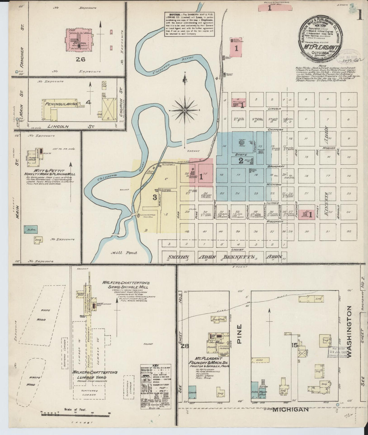 Sanborn Fire Insurance Map from Mount Pleasant, Isabella County, Michigan (1884), Sheet #0001 - Historic Sanborn Fire Insurance Map Print, vintage old map wall art, antique decor, genealogy gift, Michigan Michigan map