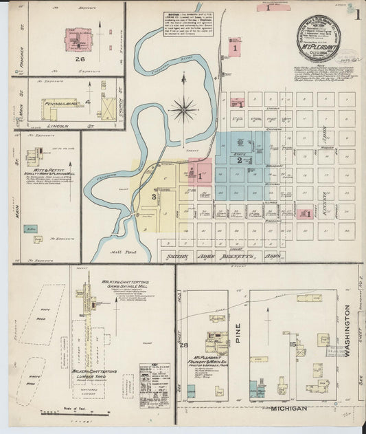 Sanborn Fire Insurance Map from Mount Pleasant, Isabella County, Michigan (1884), Sheet #0001 - Historic Sanborn Fire Insurance Map Print, vintage old map wall art, antique decor, genealogy gift, Michigan Michigan map