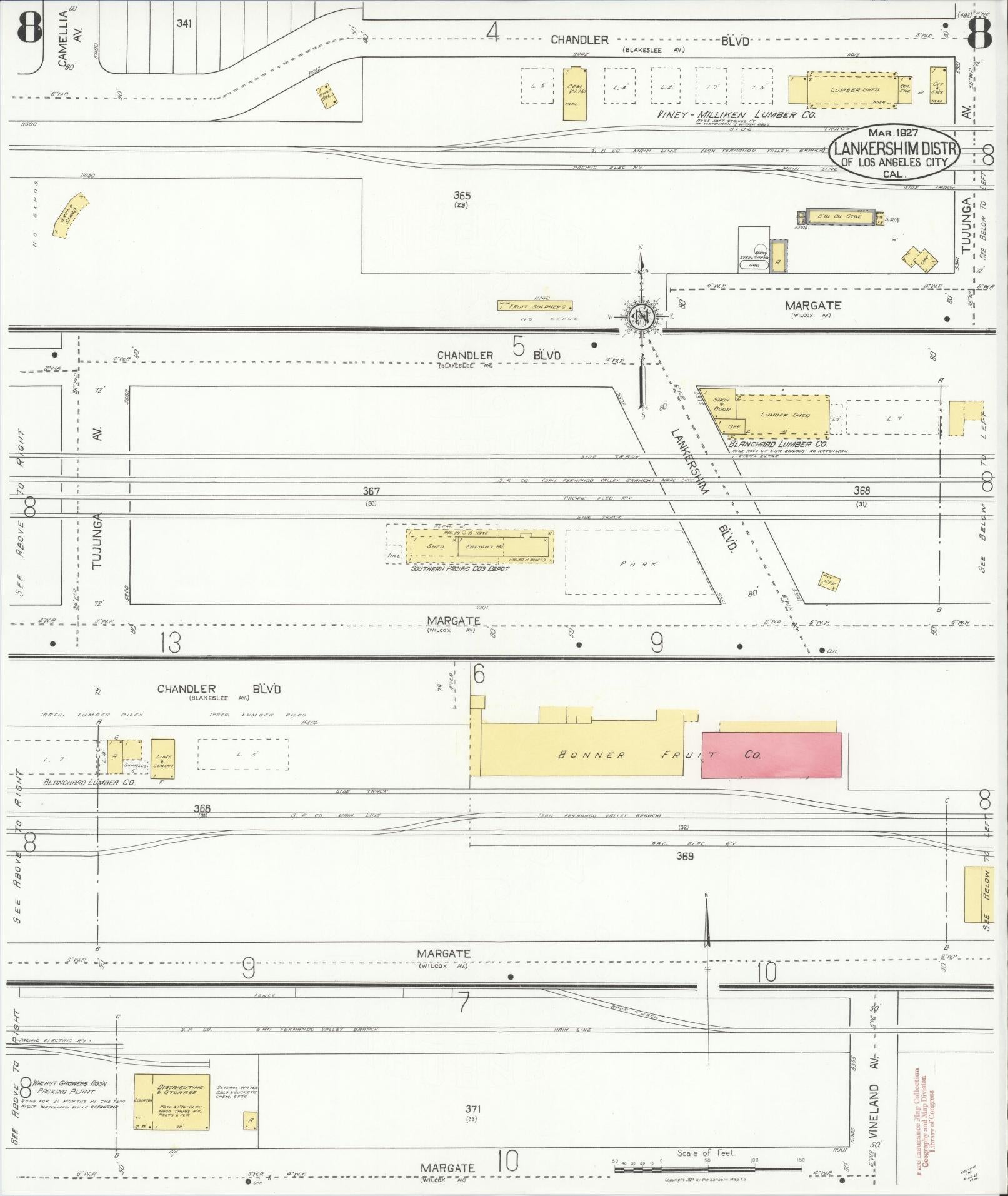 Sanborn Fire Insurance Map from Lankershim, Los Angeles County, California (1927), Sheet #0008 - Historic Sanborn Fire Insurance Map Print, vintage old map wall art, antique decor, genealogy gift, California California map
