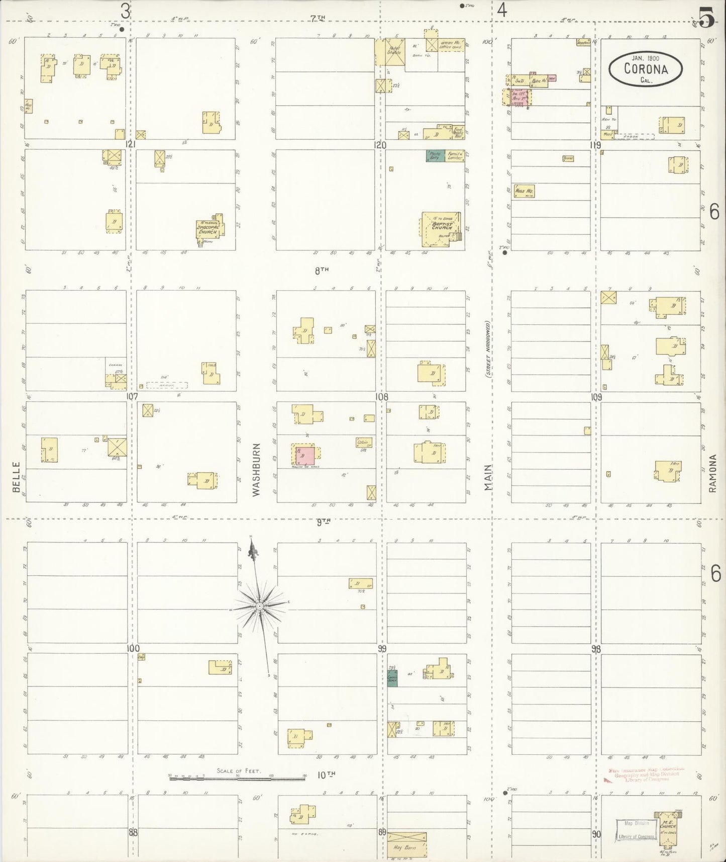 Sanborn Fire Insurance Map from Corona, Riverside County, California (1900), Sheet #0005 - Complete Map Set gallery image, historic Sanborn map, vintage wall art, California California