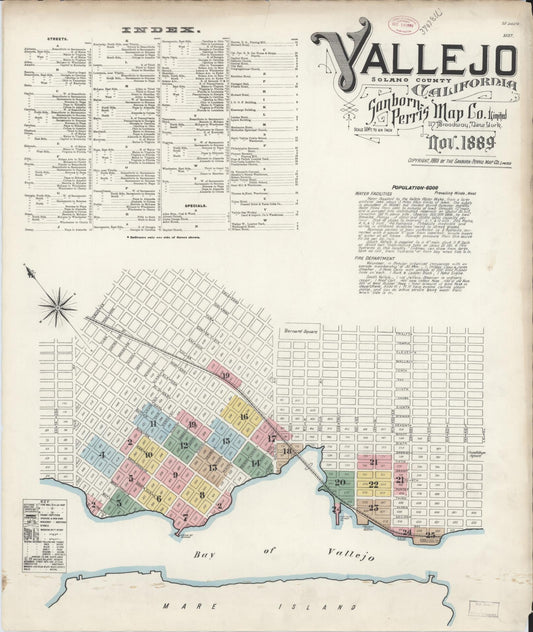 Sanborn Fire Insurance Map from Vallejo, Solano County, California (1889), Sheet #0001 - Complete Map Set gallery image, historic Sanborn map, vintage wall art, California California