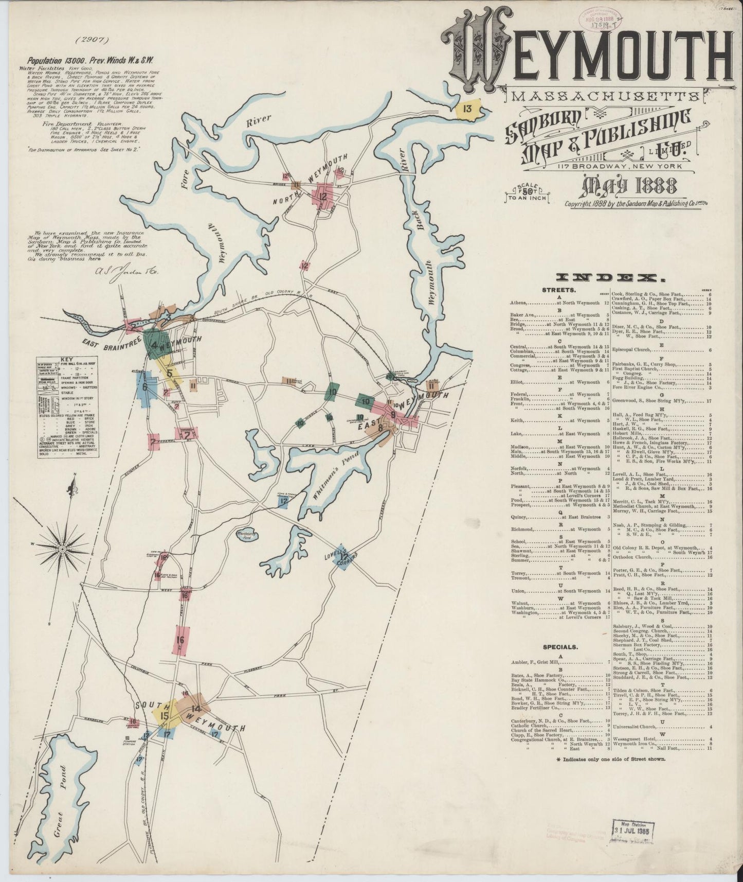 Sanborn Fire Insurance Map from Weymouth, Norfolk County, Massachusetts (1888), Sheet #0001 - Complete Map Set gallery image, historic Sanborn map, vintage wall art, Massachusetts Massachusetts