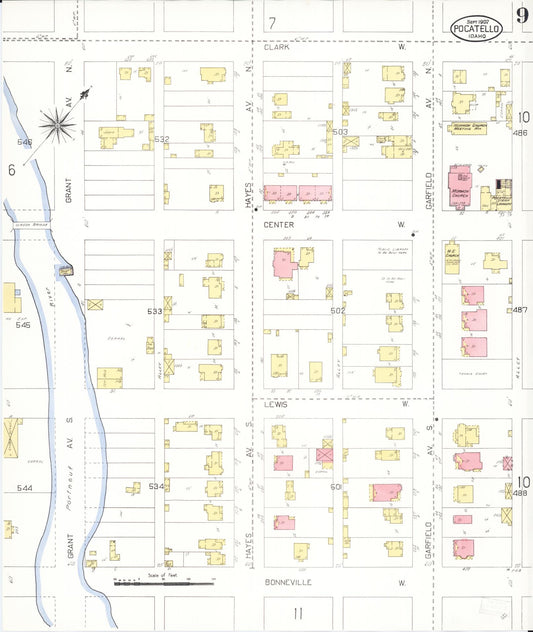 Sanborn Fire Insurance Map from Pocatello, Bannock County, Idaho (1907), Sheet #0009 - Historic Sanborn Fire Insurance Map Print, vintage old map wall art, antique decor, genealogy gift, Idaho Idaho map